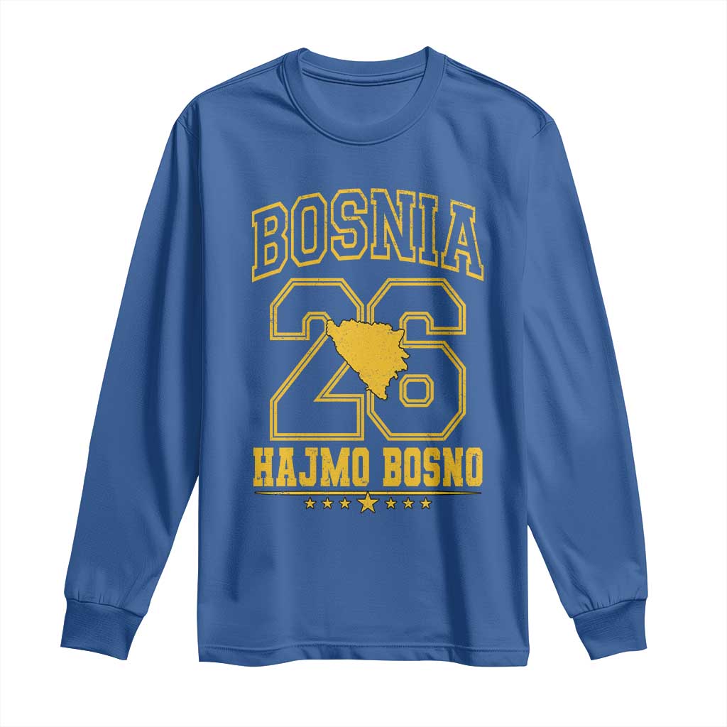 Lets Go Bosnia 2026 Hajmo Bosno Vintage Varsity Sports Style Long Sleeve Shirt Bosnia Herzegovina Map Soccer Lover Football Fan