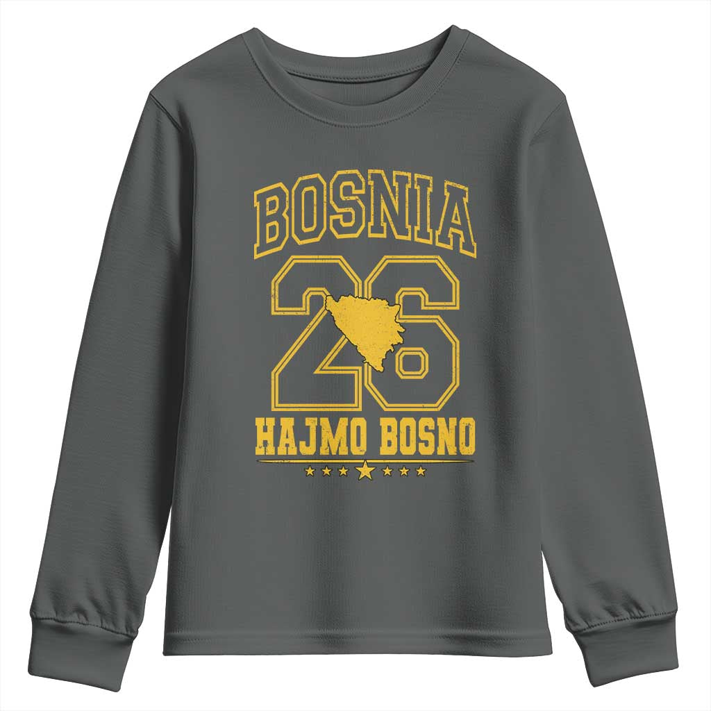 Lets Go Bosnia 2026 Hajmo Bosno Vintage Varsity Sports Style Youth Sweatshirt Bosnia Herzegovina Map Soccer Lover Football Fan