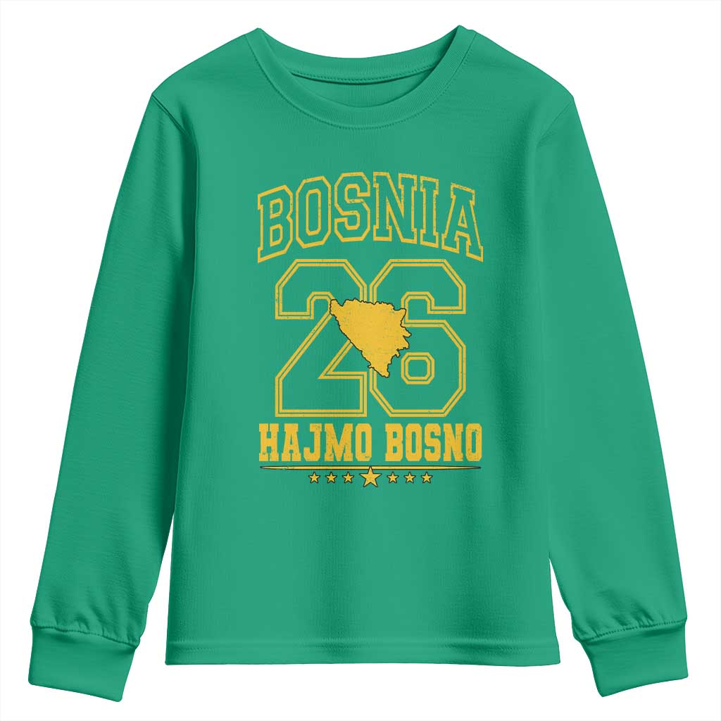 Lets Go Bosnia 2026 Hajmo Bosno Vintage Varsity Sports Style Youth Sweatshirt Bosnia Herzegovina Map Soccer Lover Football Fan