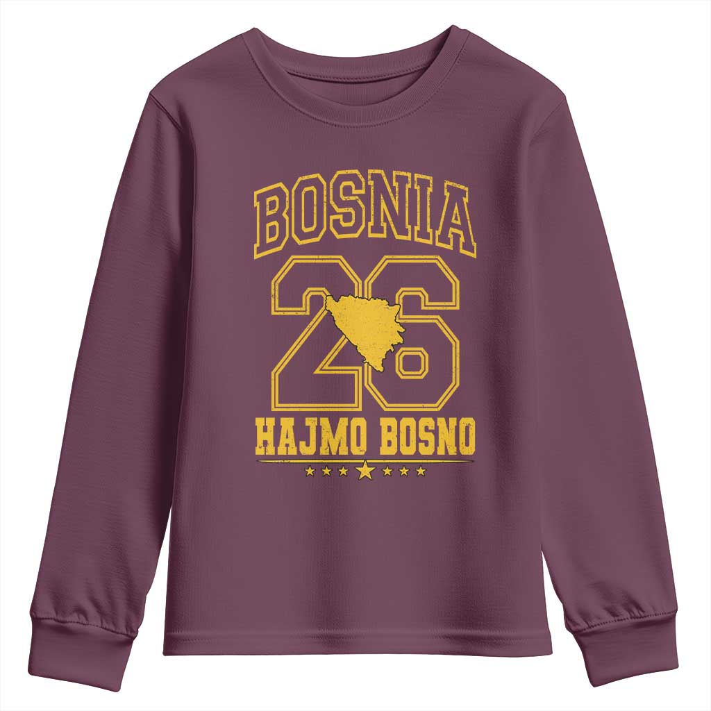 Lets Go Bosnia 2026 Hajmo Bosno Vintage Varsity Sports Style Youth Sweatshirt Bosnia Herzegovina Map Soccer Lover Football Fan