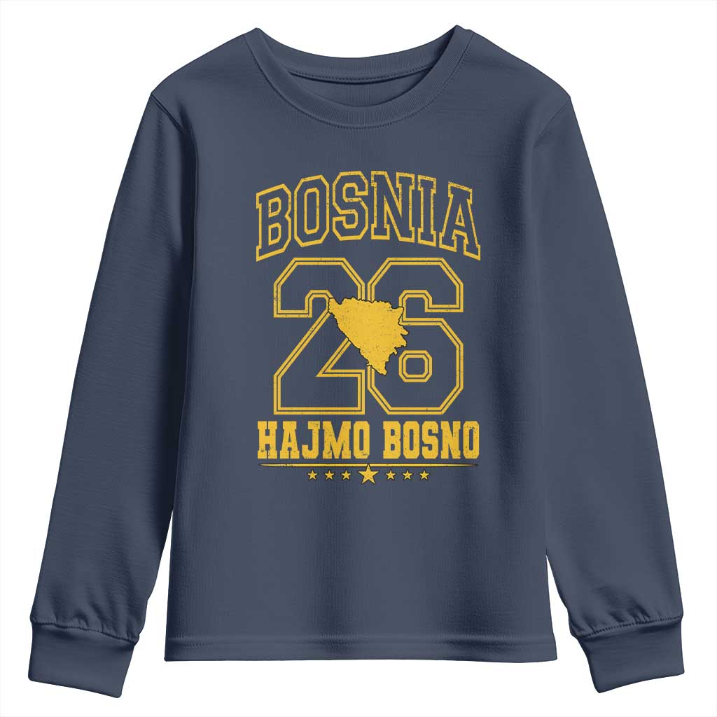 Lets Go Bosnia 2026 Hajmo Bosno Vintage Varsity Sports Style Youth Sweatshirt Bosnia Herzegovina Map Soccer Lover Football Fan