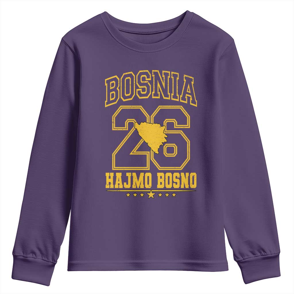 Lets Go Bosnia 2026 Hajmo Bosno Vintage Varsity Sports Style Youth Sweatshirt Bosnia Herzegovina Map Soccer Lover Football Fan