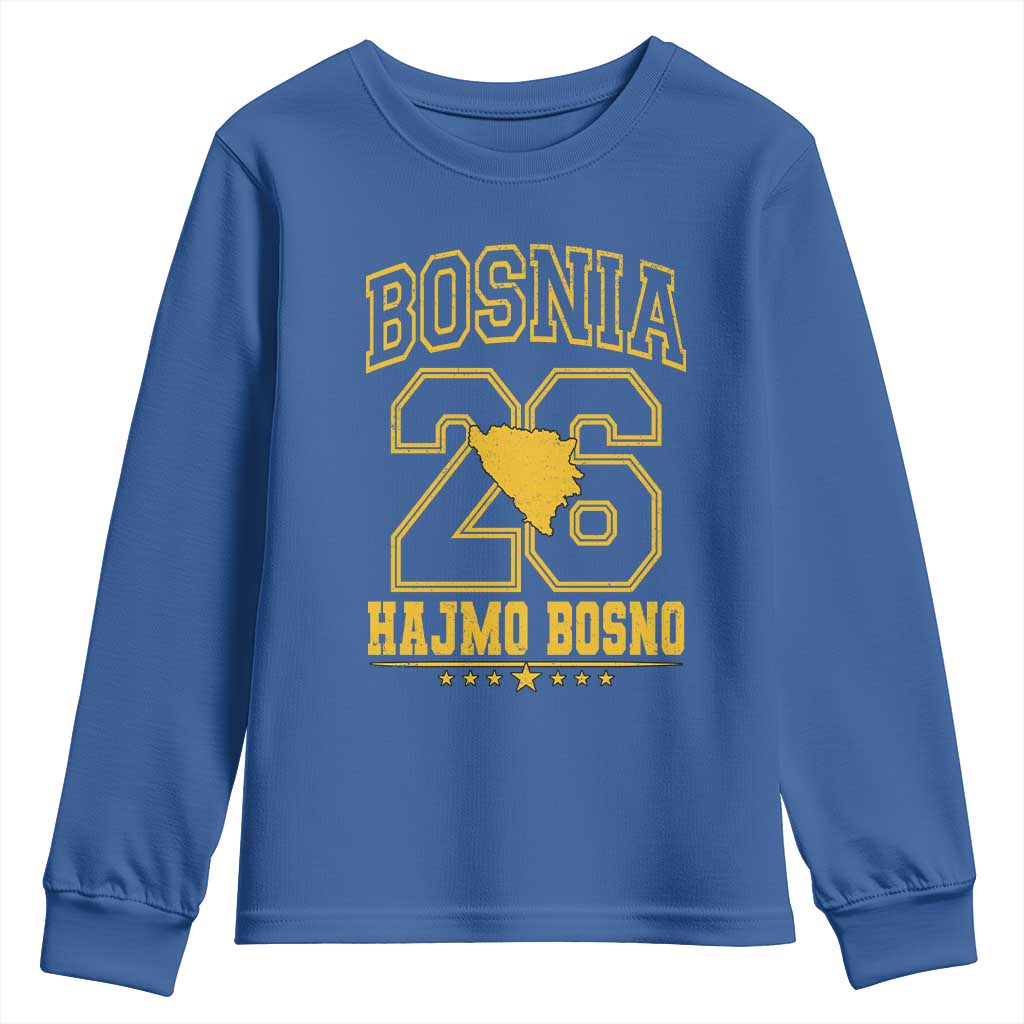Lets Go Bosnia 2026 Hajmo Bosno Vintage Varsity Sports Style Youth Sweatshirt Bosnia Herzegovina Map Soccer Lover Football Fan