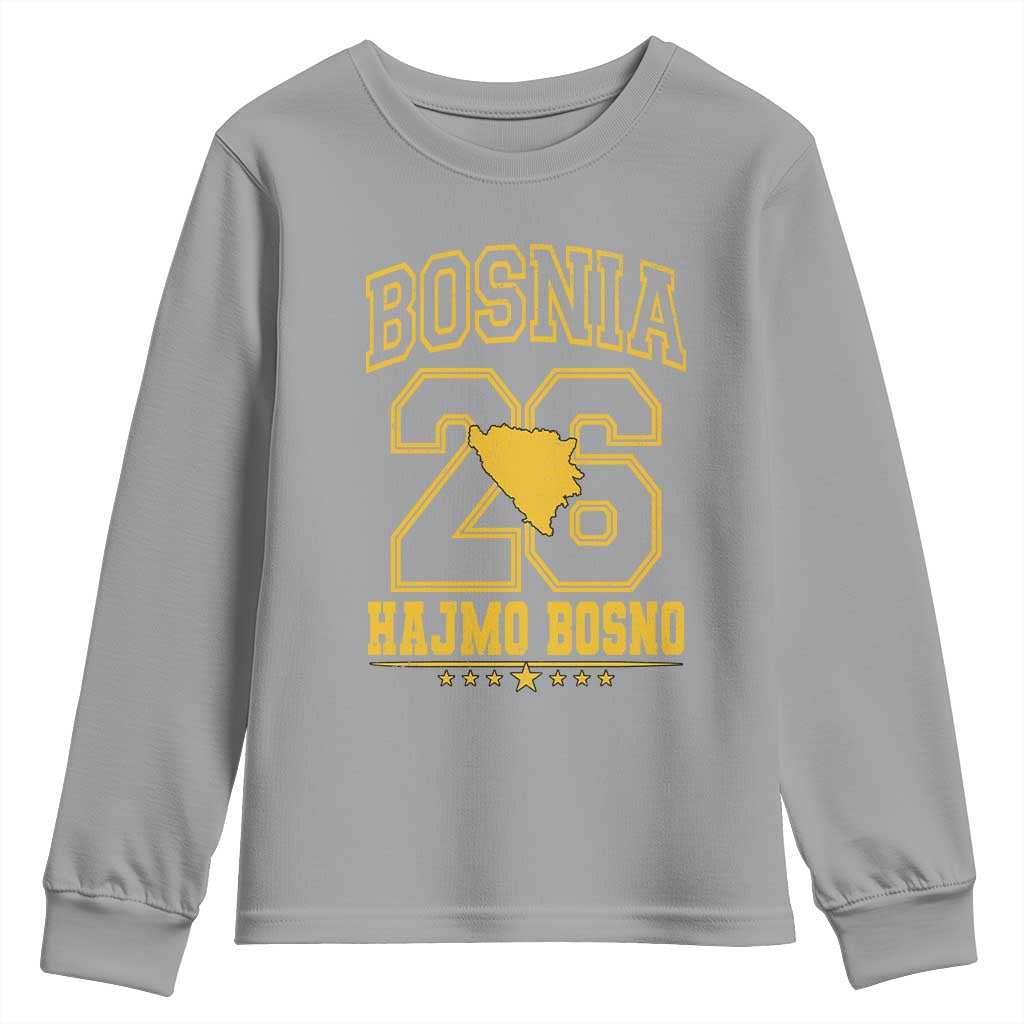 Lets Go Bosnia 2026 Hajmo Bosno Vintage Varsity Sports Style Youth Sweatshirt Bosnia Herzegovina Map Soccer Lover Football Fan