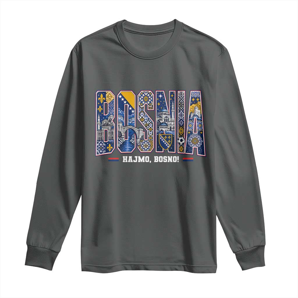 Lets Go Bosnia Heritage Hajmo Bosno Cultural Mosaic Pattern Long Sleeve Shirt Bosnia Herzegovina Map Soccer Lover Football Fan