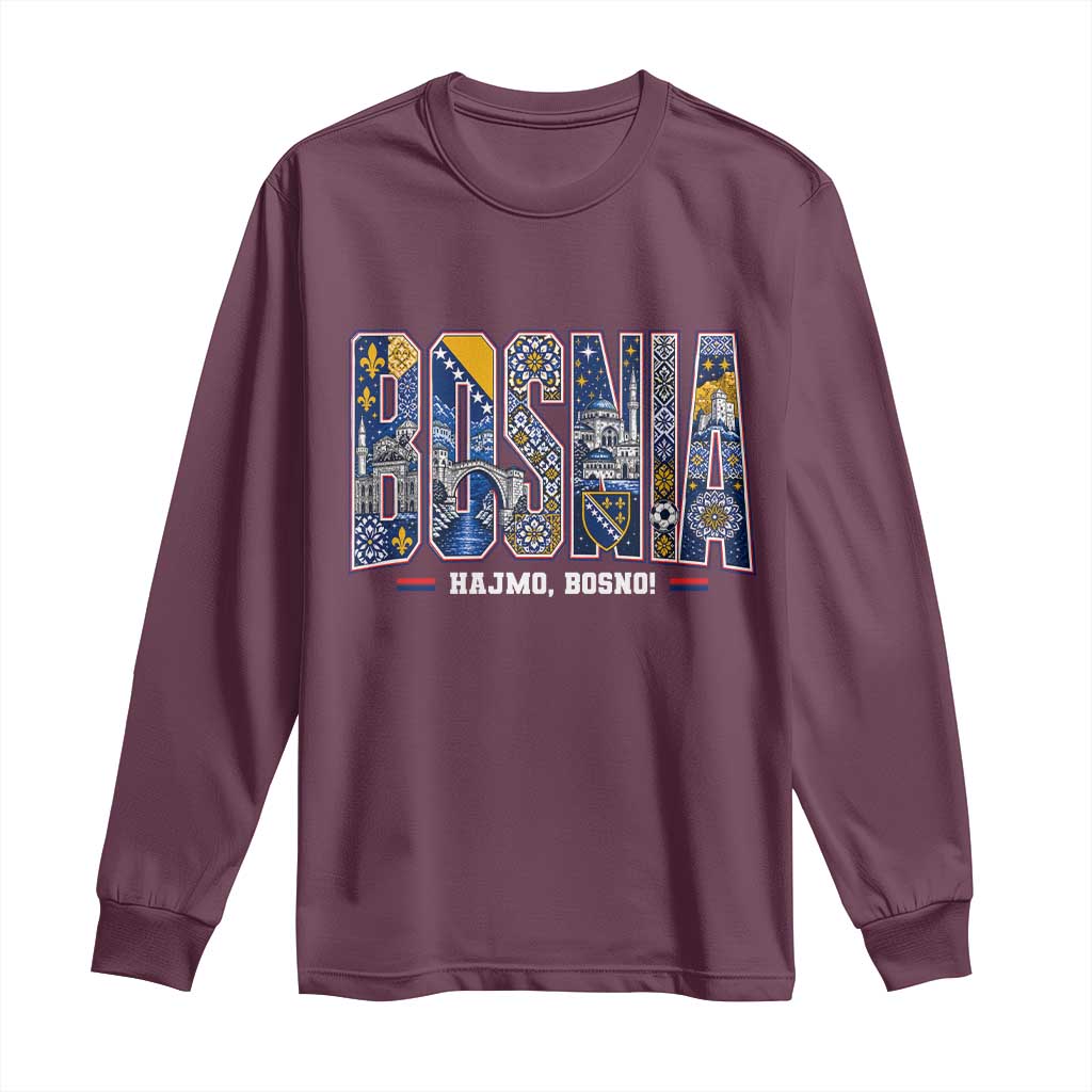 Lets Go Bosnia Heritage Hajmo Bosno Cultural Mosaic Pattern Long Sleeve Shirt Bosnia Herzegovina Map Soccer Lover Football Fan