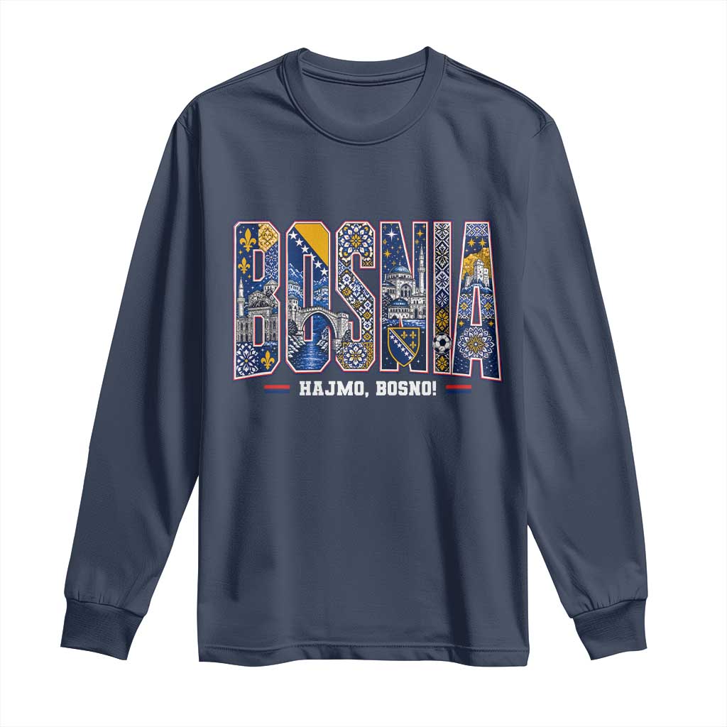 Lets Go Bosnia Heritage Hajmo Bosno Cultural Mosaic Pattern Long Sleeve Shirt Bosnia Herzegovina Map Soccer Lover Football Fan