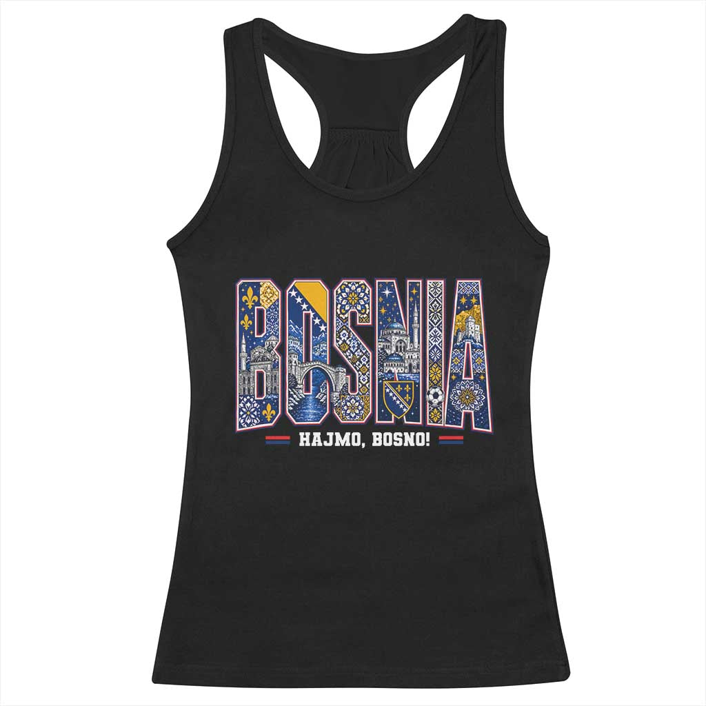 Lets Go Bosnia Heritage Hajmo Bosno Cultural Mosaic Pattern Racerback Tank Top Bosnia Herzegovina Map Soccer Lover Football Fan