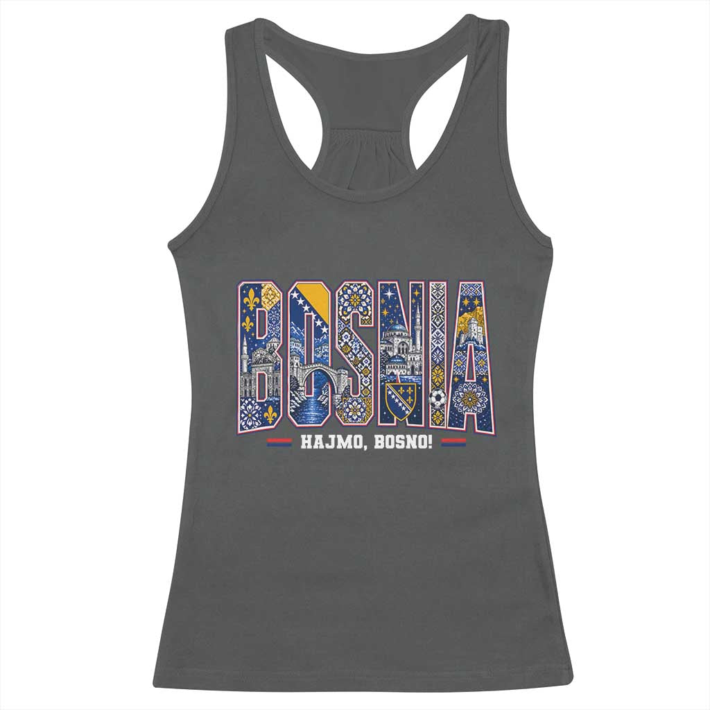 Lets Go Bosnia Heritage Hajmo Bosno Cultural Mosaic Pattern Racerback Tank Top Bosnia Herzegovina Map Soccer Lover Football Fan