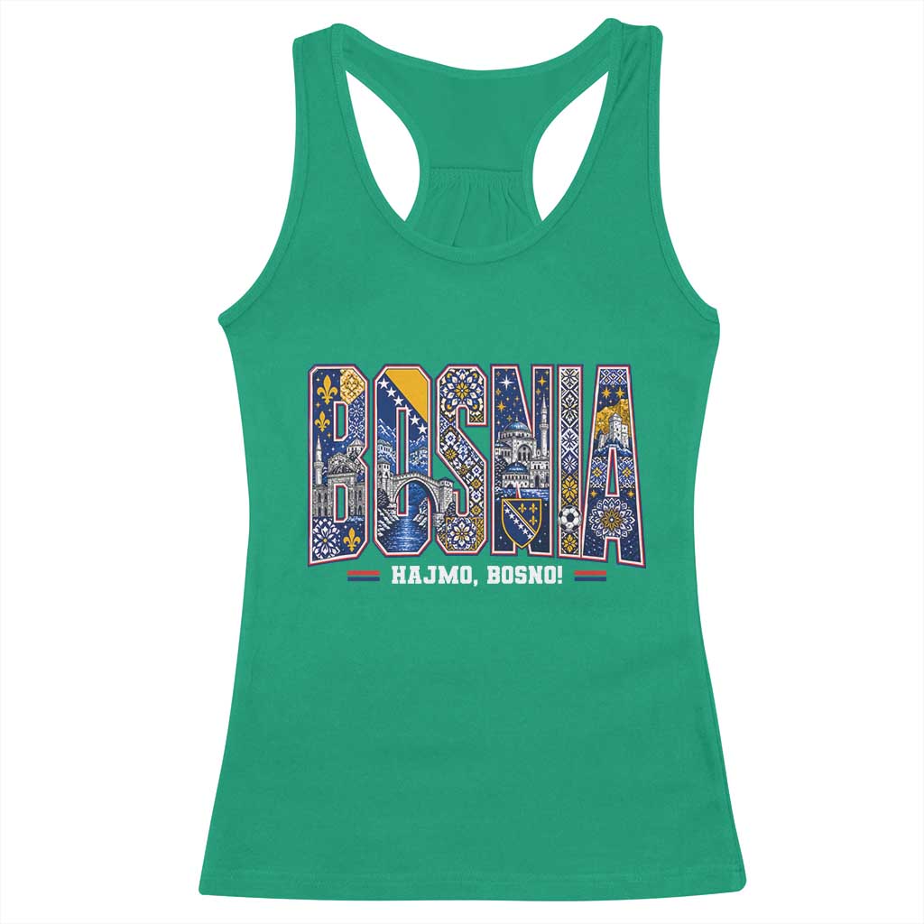 Lets Go Bosnia Heritage Hajmo Bosno Cultural Mosaic Pattern Racerback Tank Top Bosnia Herzegovina Map Soccer Lover Football Fan