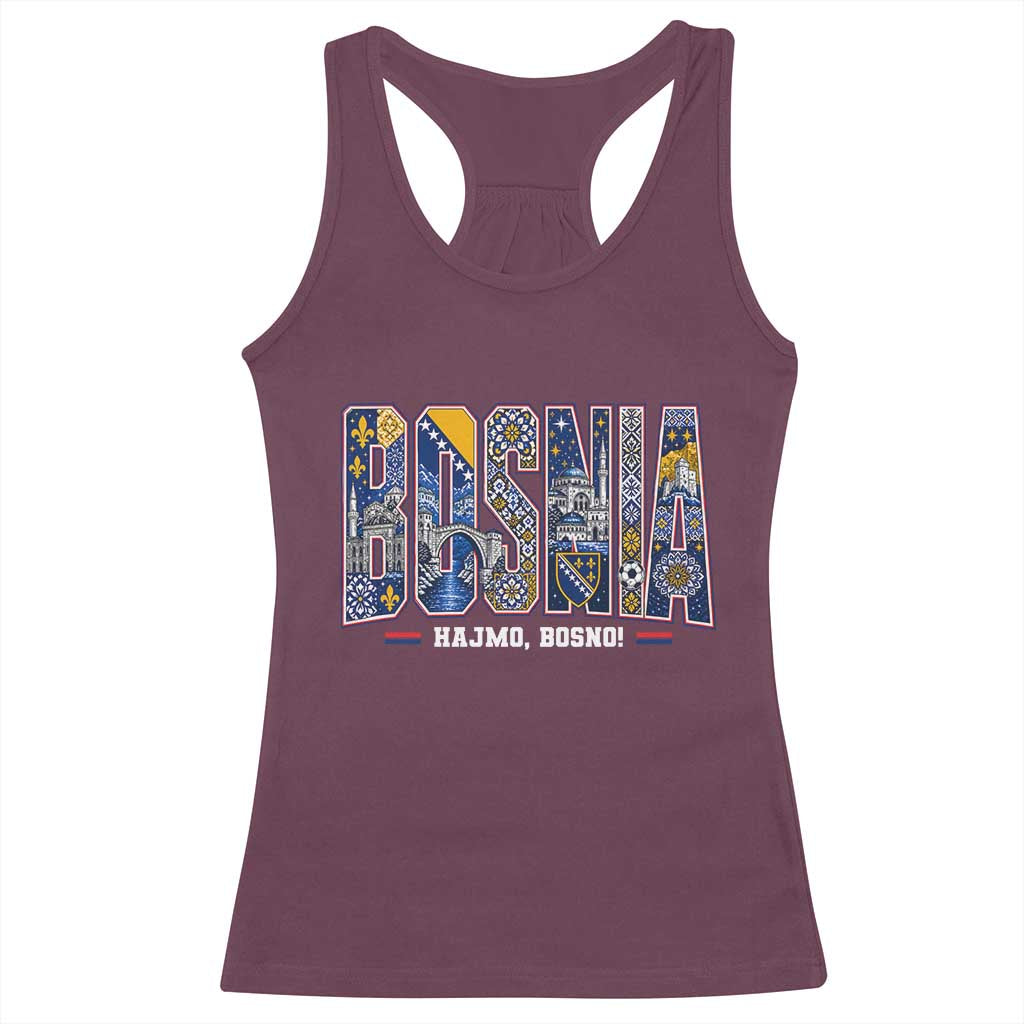 Lets Go Bosnia Heritage Hajmo Bosno Cultural Mosaic Pattern Racerback Tank Top Bosnia Herzegovina Map Soccer Lover Football Fan