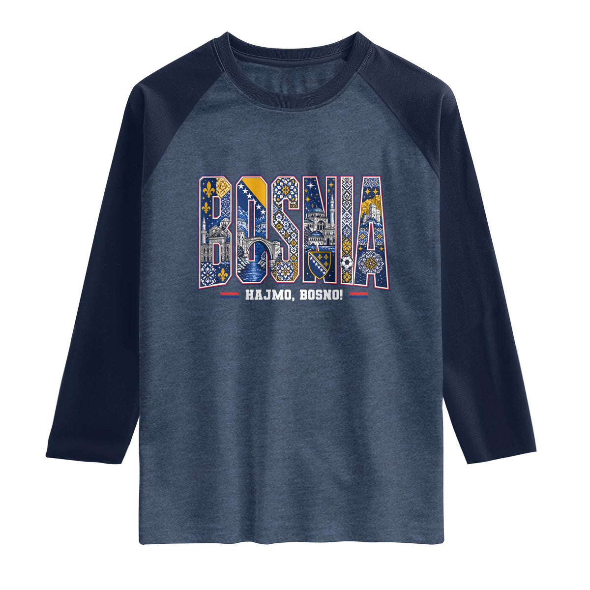 Lets Go Bosnia Heritage Hajmo Bosno Cultural Mosaic Pattern Raglan Shirt Bosnia Herzegovina Map Soccer Lover Football Fan