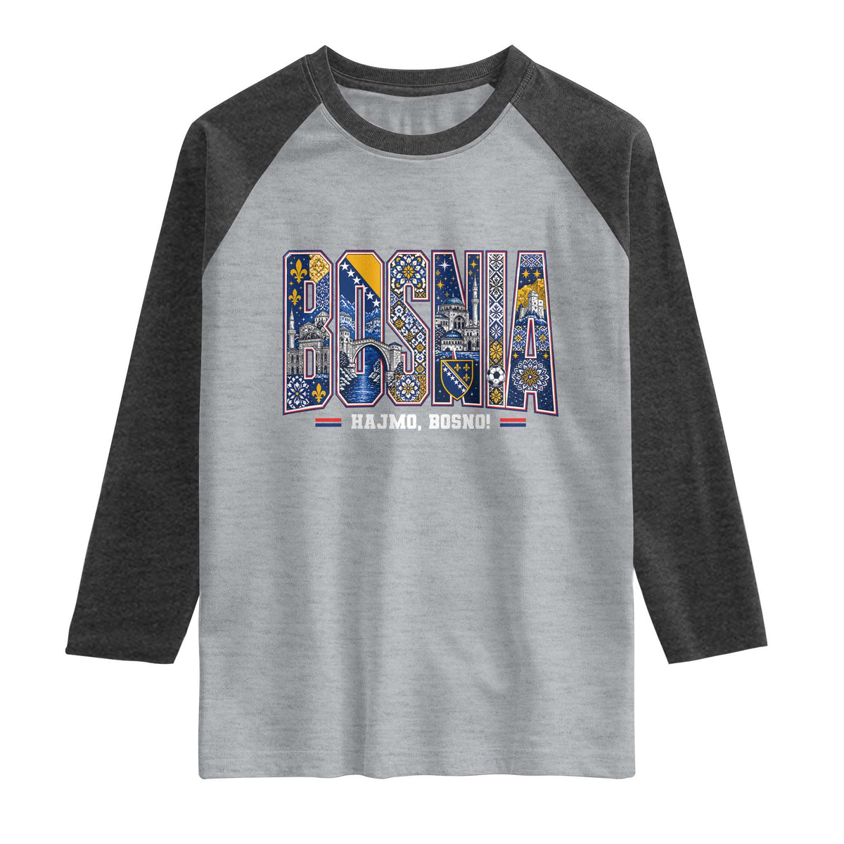 Lets Go Bosnia Heritage Hajmo Bosno Cultural Mosaic Pattern Raglan Shirt Bosnia Herzegovina Map Soccer Lover Football Fan