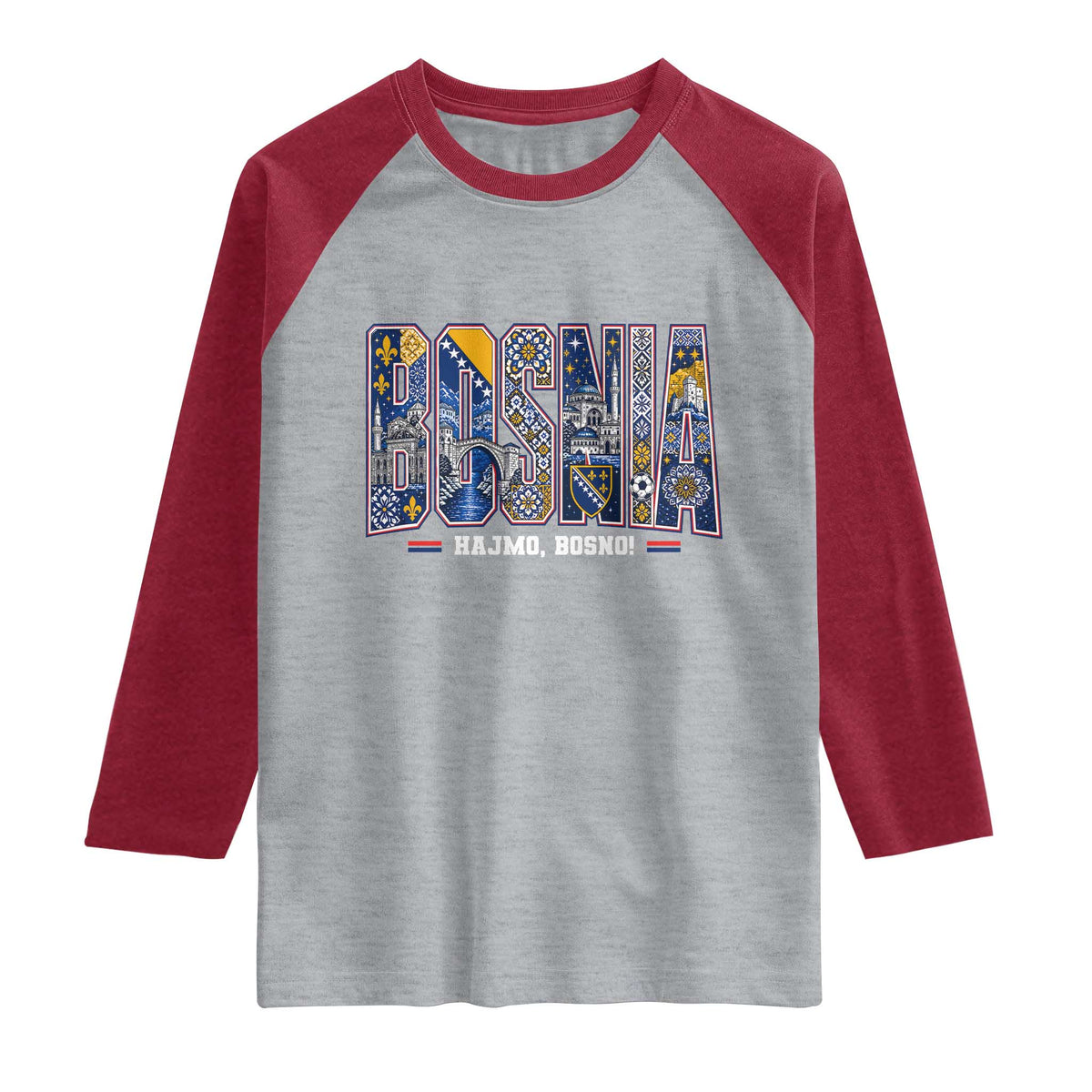 Lets Go Bosnia Heritage Hajmo Bosno Cultural Mosaic Pattern Raglan Shirt Bosnia Herzegovina Map Soccer Lover Football Fan