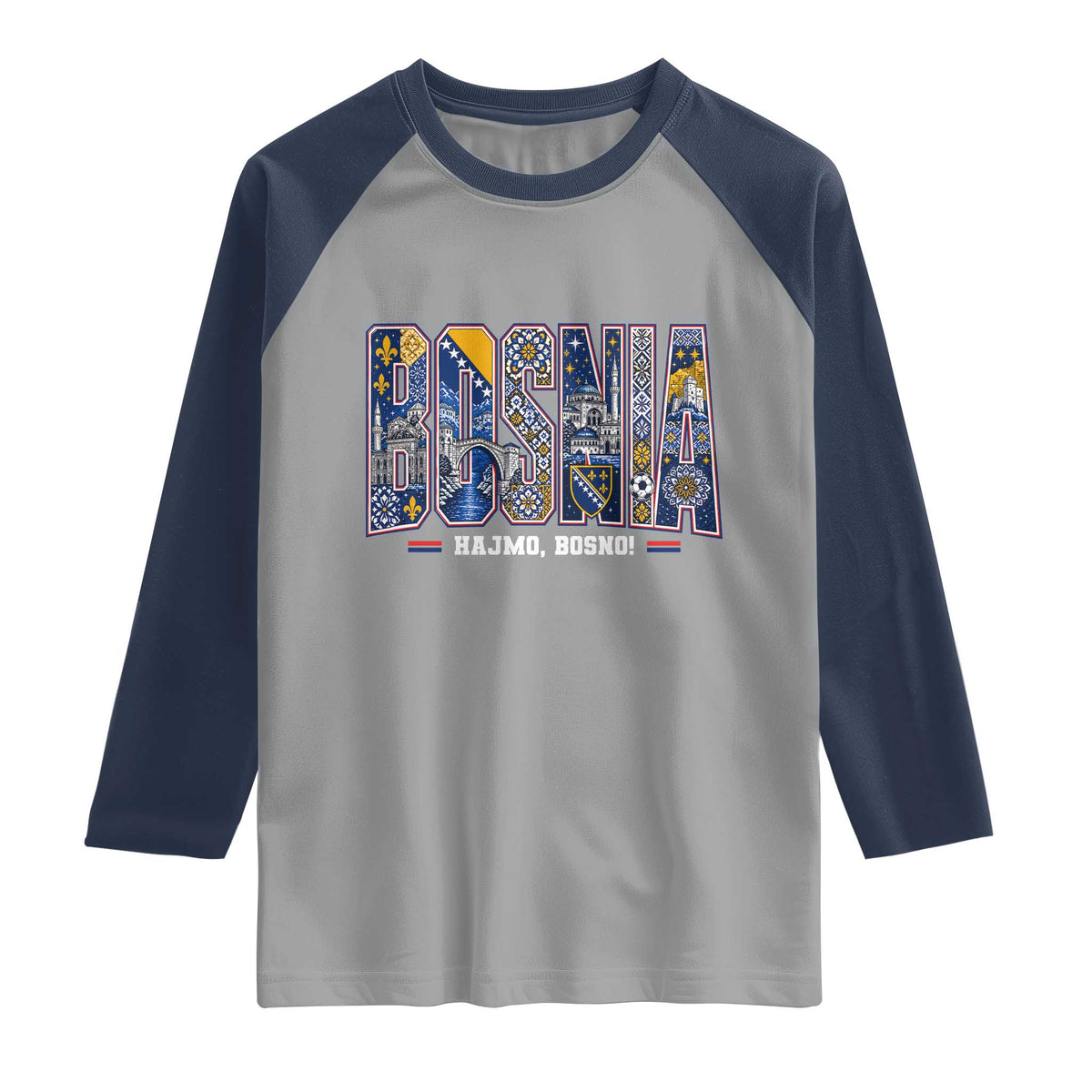 Lets Go Bosnia Heritage Hajmo Bosno Cultural Mosaic Pattern Raglan Shirt Bosnia Herzegovina Map Soccer Lover Football Fan