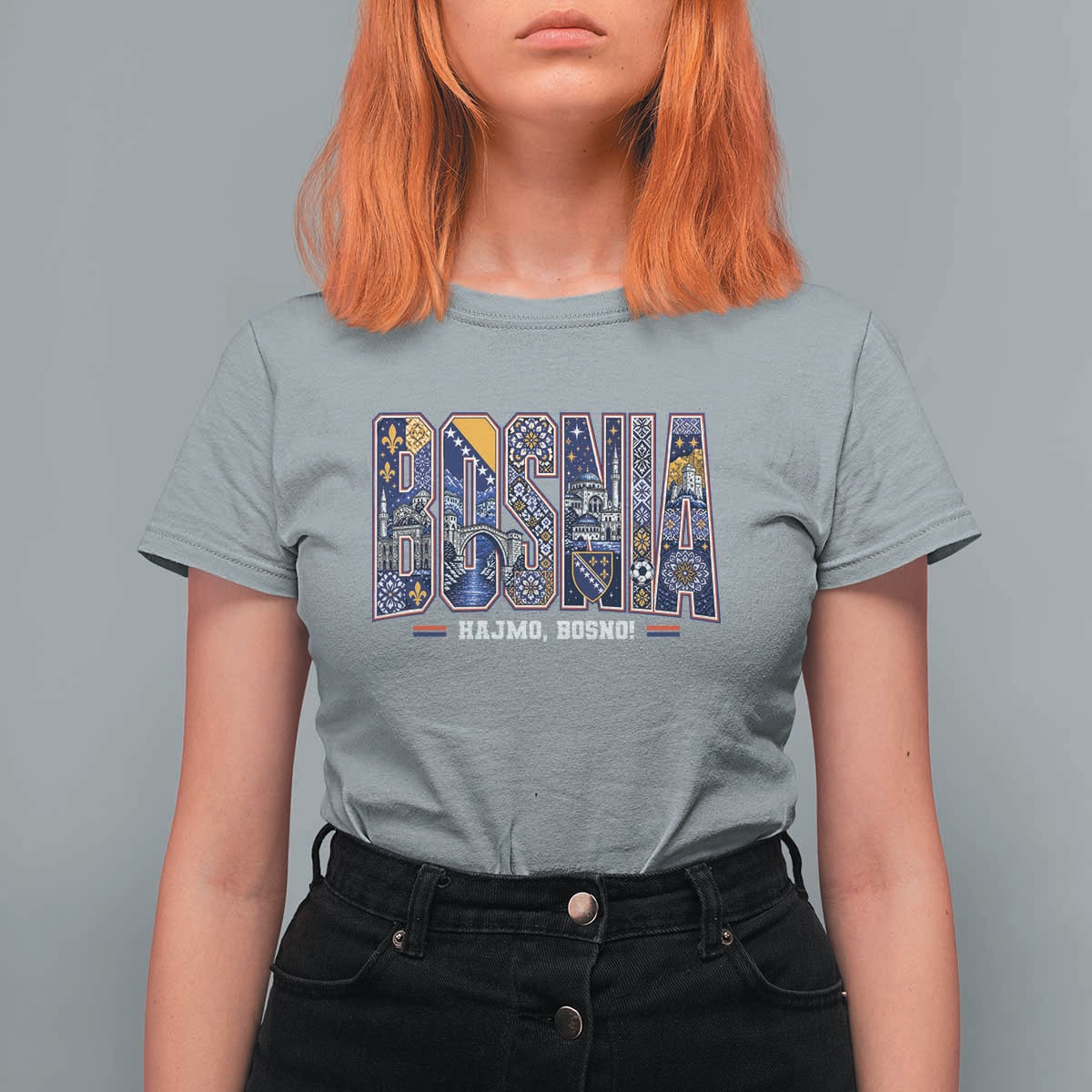 Lets Go Bosnia Heritage Hajmo Bosno Cultural Mosaic Pattern T Shirt For Women Bosnia Herzegovina Map Soccer Lover Football Fan
