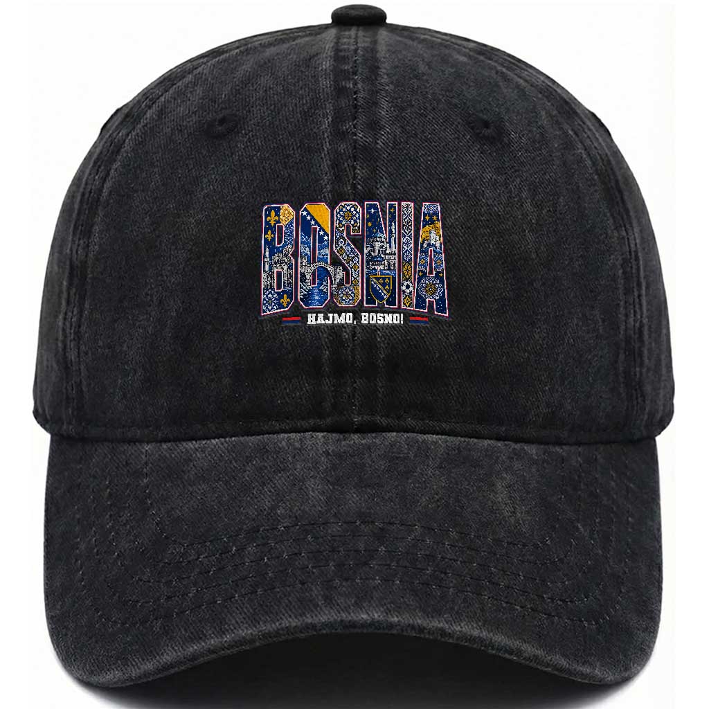 Lets Go Bosnia Heritage Hajmo Bosno Cultural Mosaic Pattern Washed Cotton Baseball Cap Bosnia Herzegovina Map Soccer Lover Football Fan