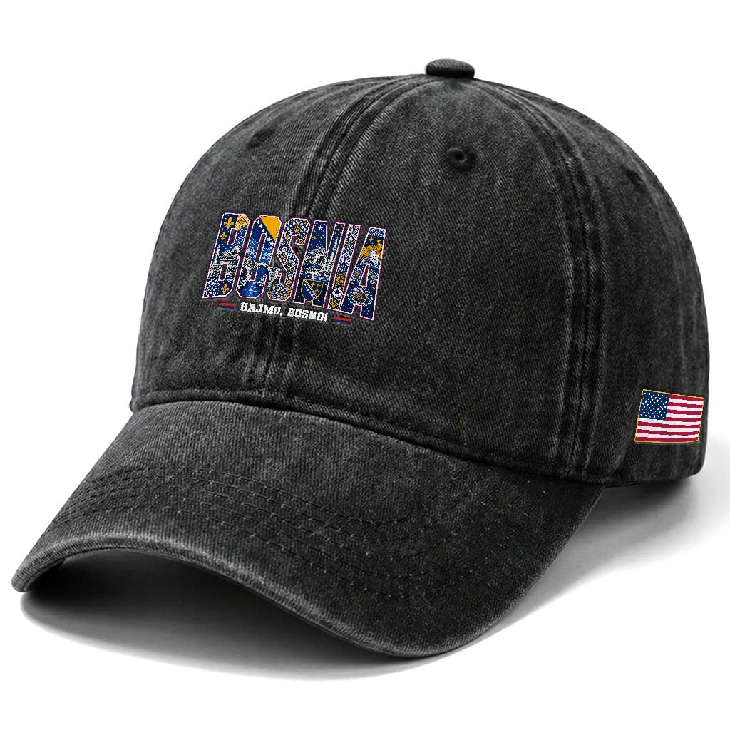 Lets Go Bosnia Heritage Hajmo Bosno Cultural Mosaic Pattern Washed Cotton Baseball Cap Bosnia Herzegovina Map Soccer Lover Football Fan