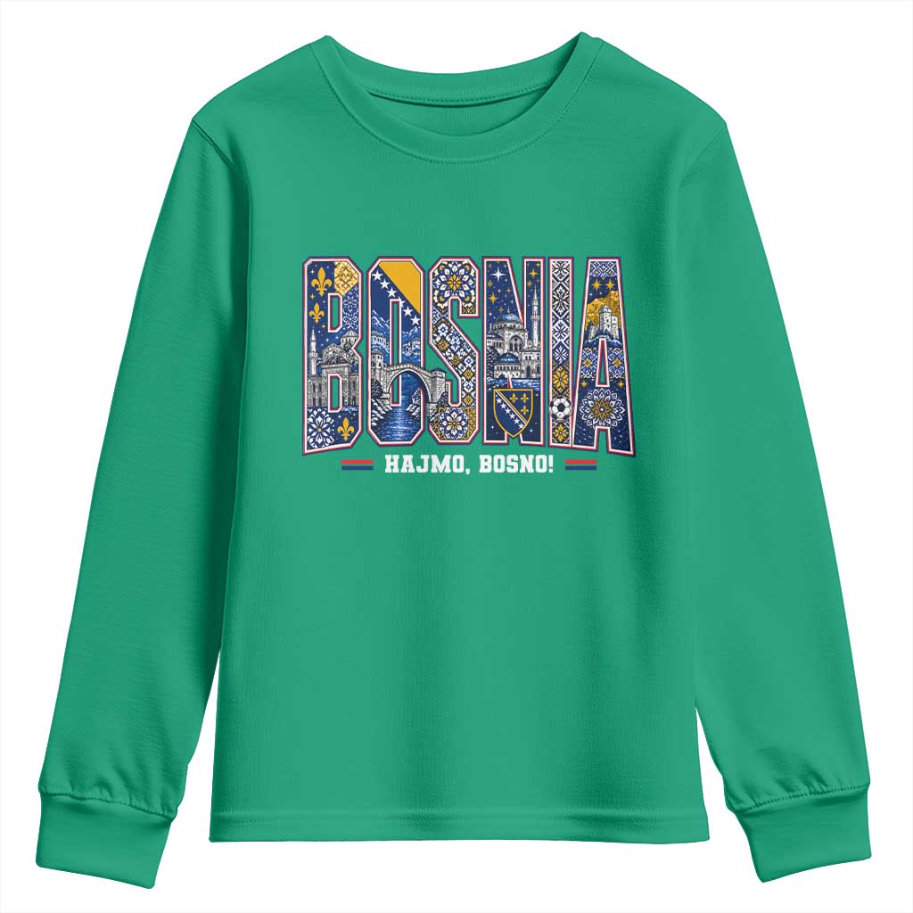 Lets Go Bosnia Heritage Hajmo Bosno Cultural Mosaic Pattern Youth Sweatshirt Bosnia Herzegovina Map Soccer Lover Football Fan