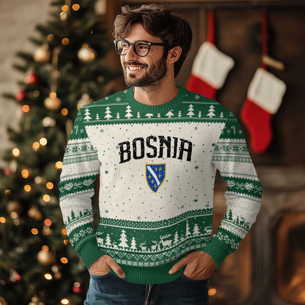 Vintage Bosnia Coat of Arms Minimalist Ugly Christmas Sweater Golden Lily Heritage Shield Graphic