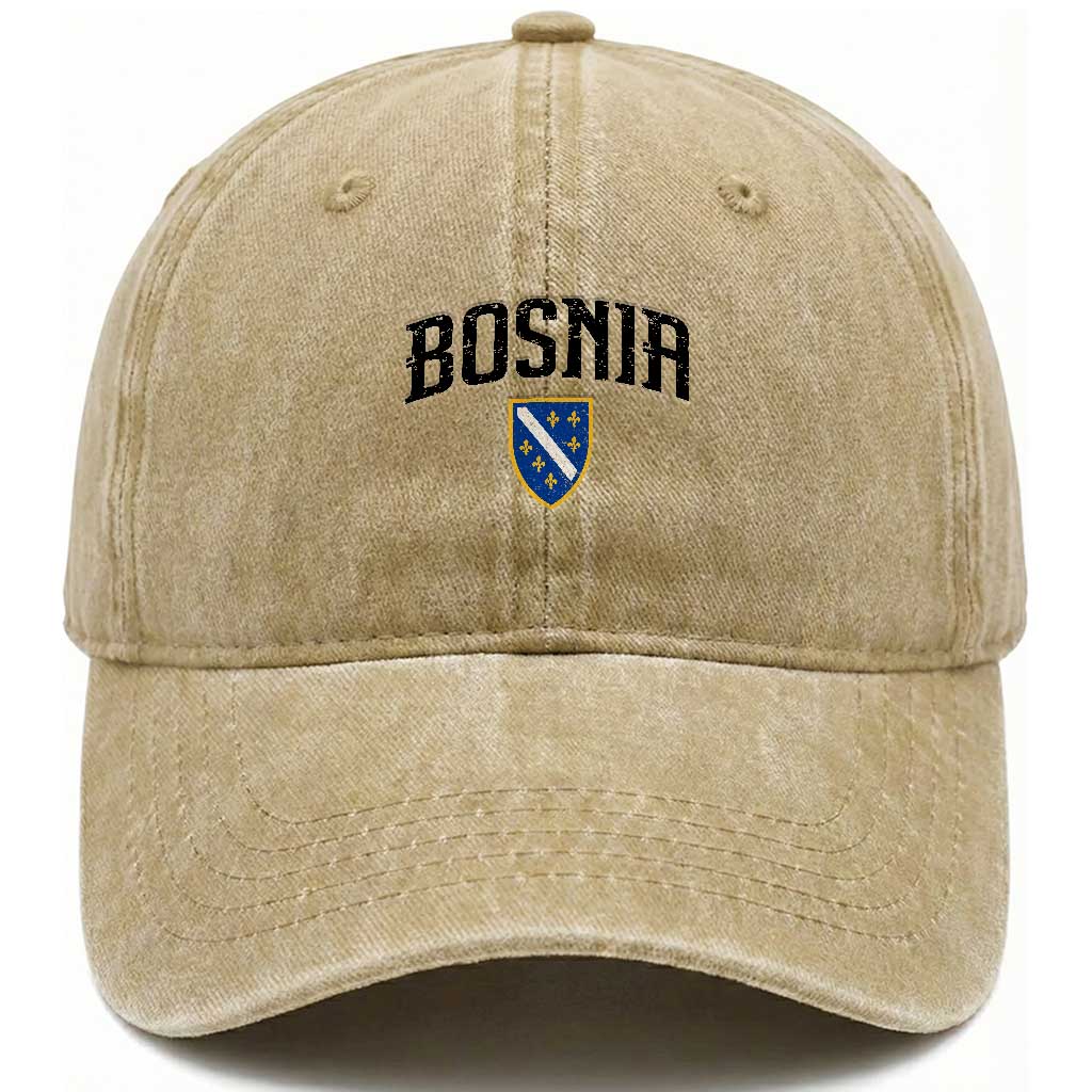 Vintage Bosnia Coat of Arms Minimalist Washed Cotton Baseball Cap Golden Lily Heritage Shield Graphic