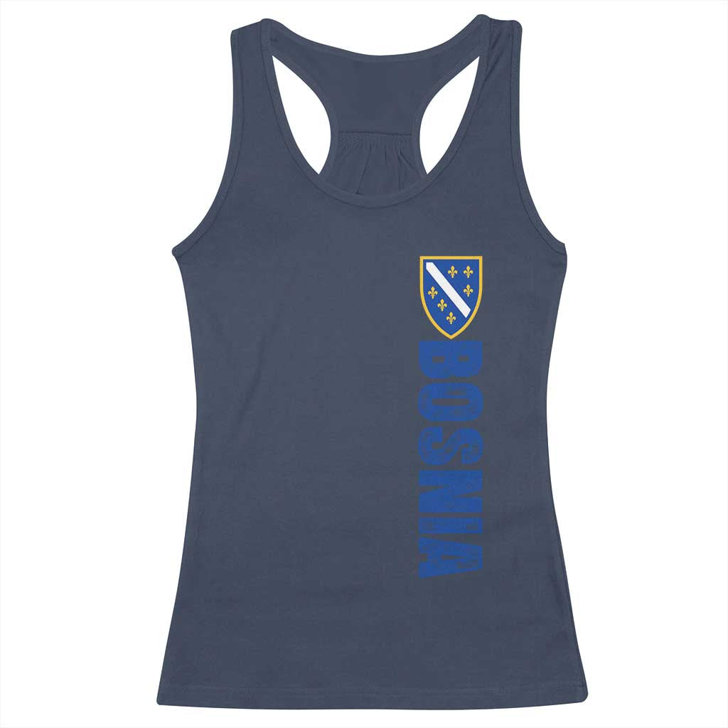 Bosnia Typography Coat of Arms Racerback Tank Top Golden Lily Shield Modern Graphic