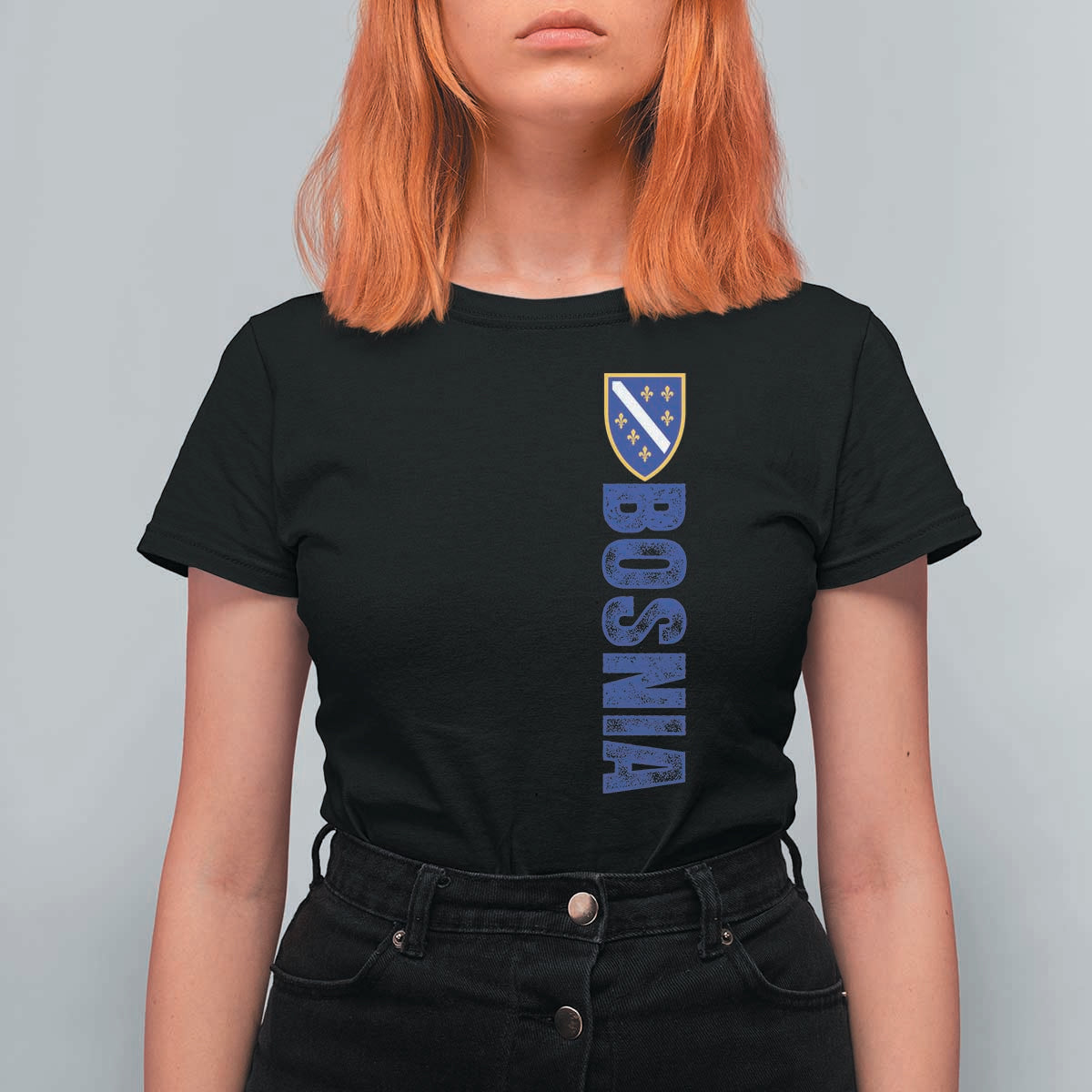 Bosnia Typography Coat of Arms T Shirt For Women Golden Lily Shield Modern Graphic