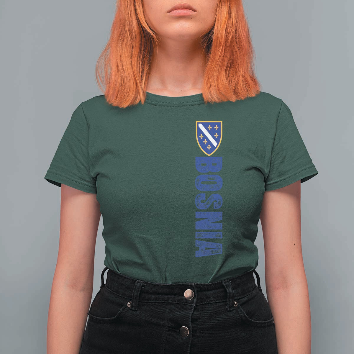 Bosnia Typography Coat of Arms T Shirt For Women Golden Lily Shield Modern Graphic
