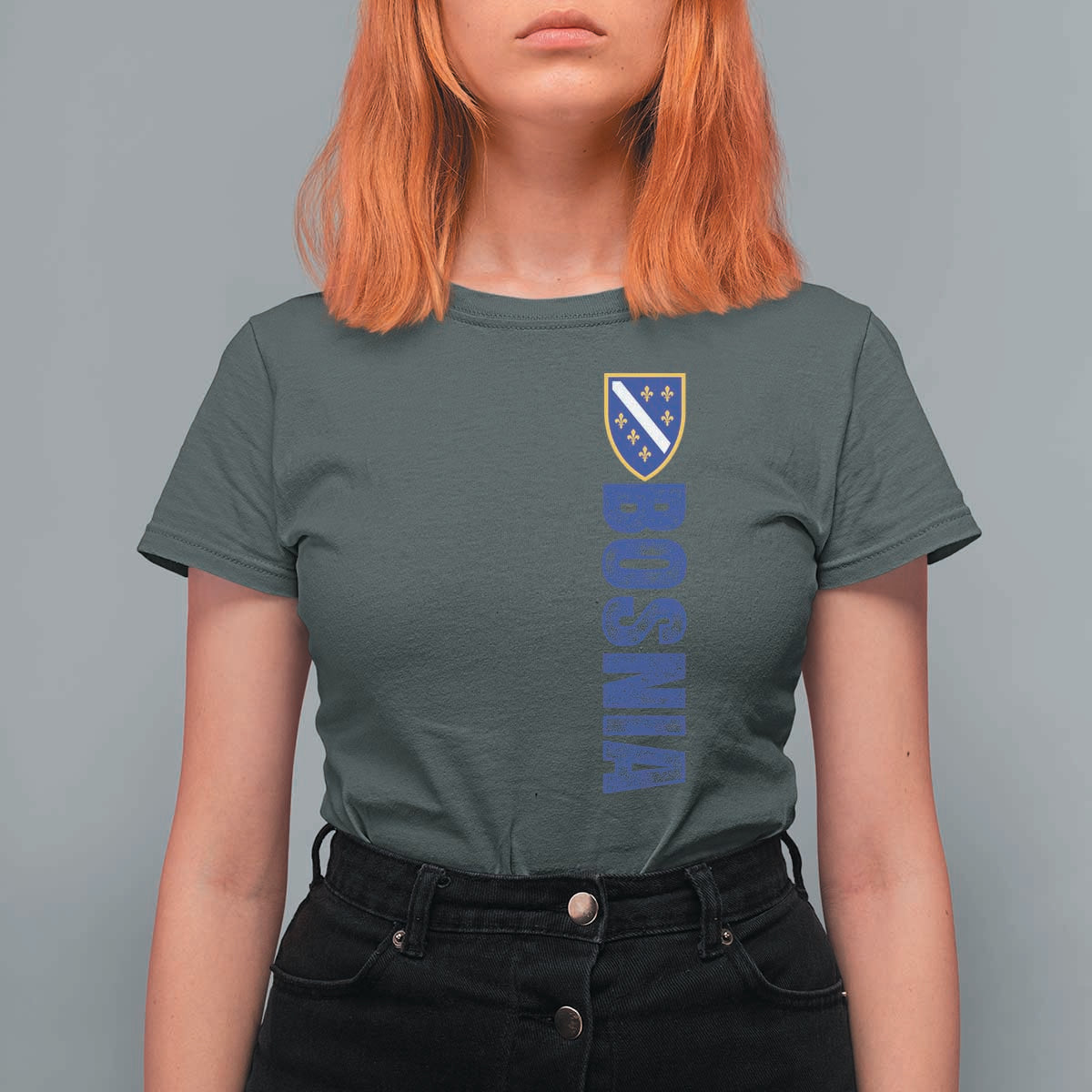 Bosnia Typography Coat of Arms T Shirt For Women Golden Lily Shield Modern Graphic