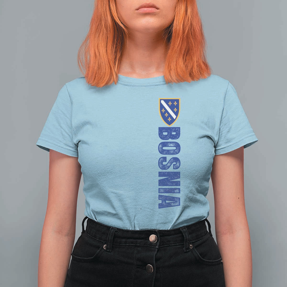 Bosnia Typography Coat of Arms T Shirt For Women Golden Lily Shield Modern Graphic