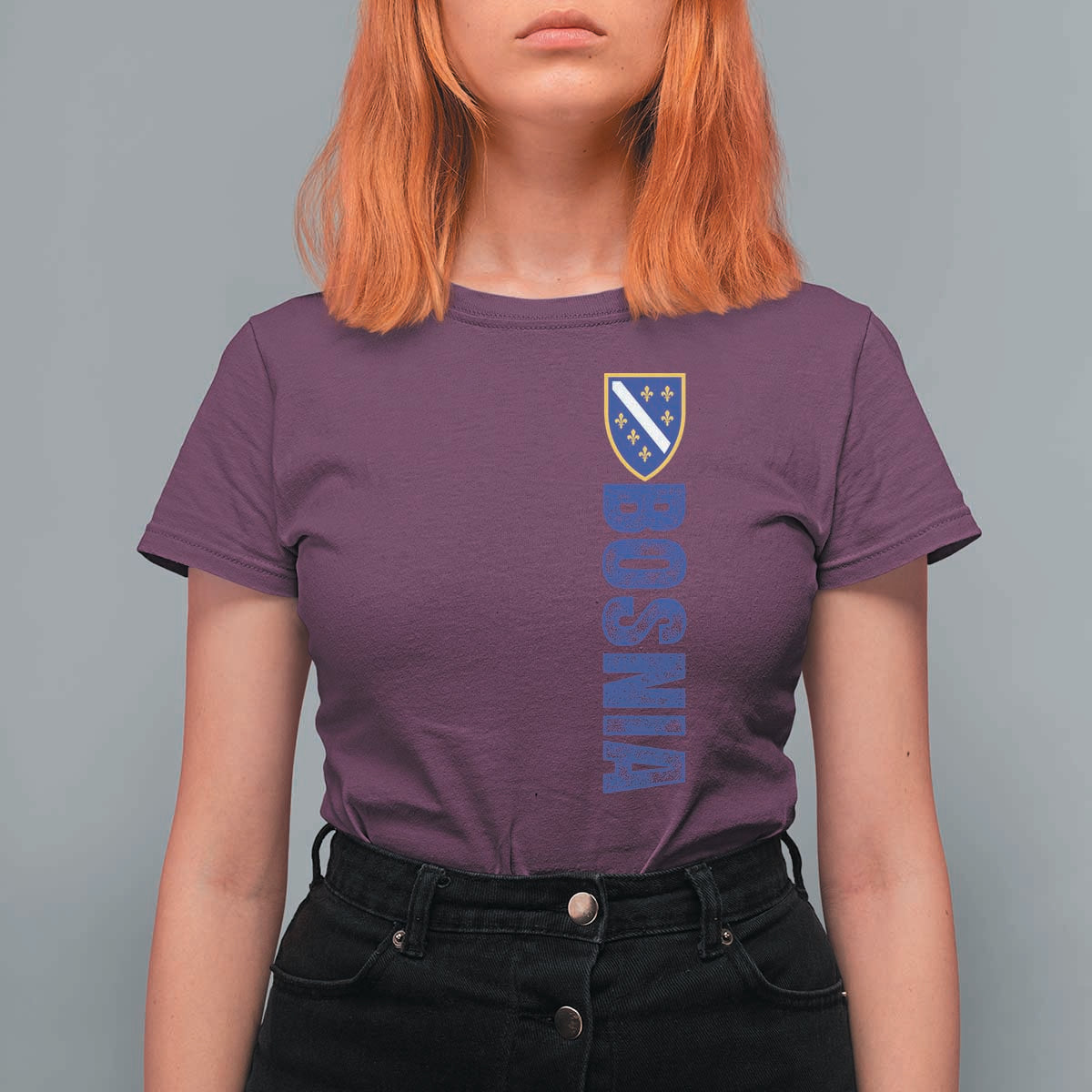 Bosnia Typography Coat of Arms T Shirt For Women Golden Lily Shield Modern Graphic