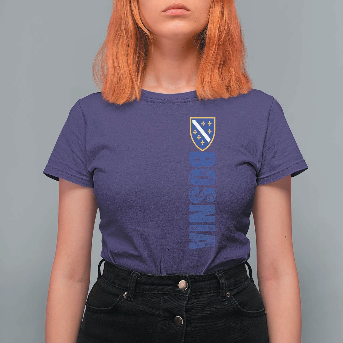 Bosnia Typography Coat of Arms T Shirt For Women Golden Lily Shield Modern Graphic