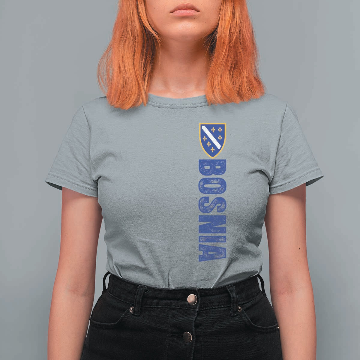 Bosnia Typography Coat of Arms T Shirt For Women Golden Lily Shield Modern Graphic