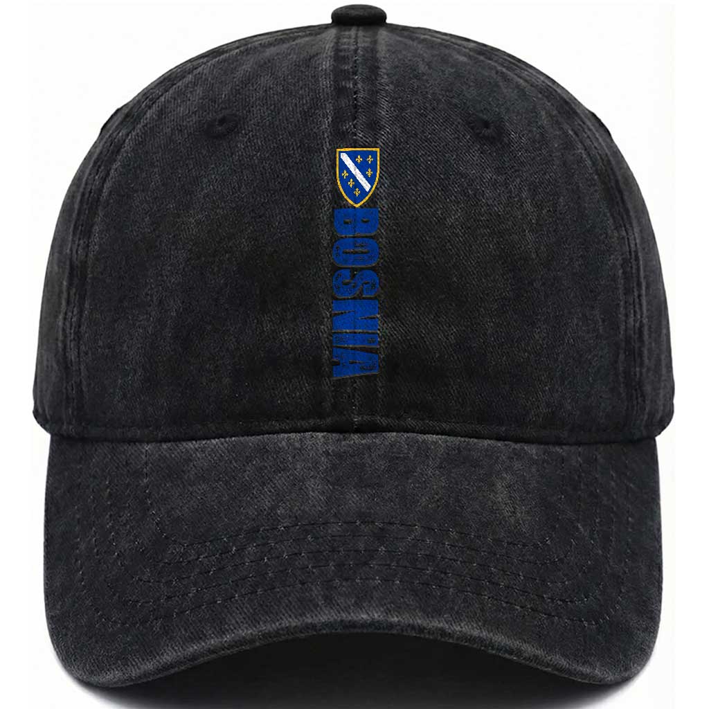 Bosnia Typography Coat of Arms Washed Cotton Baseball Cap Golden Lily Shield Modern Graphic