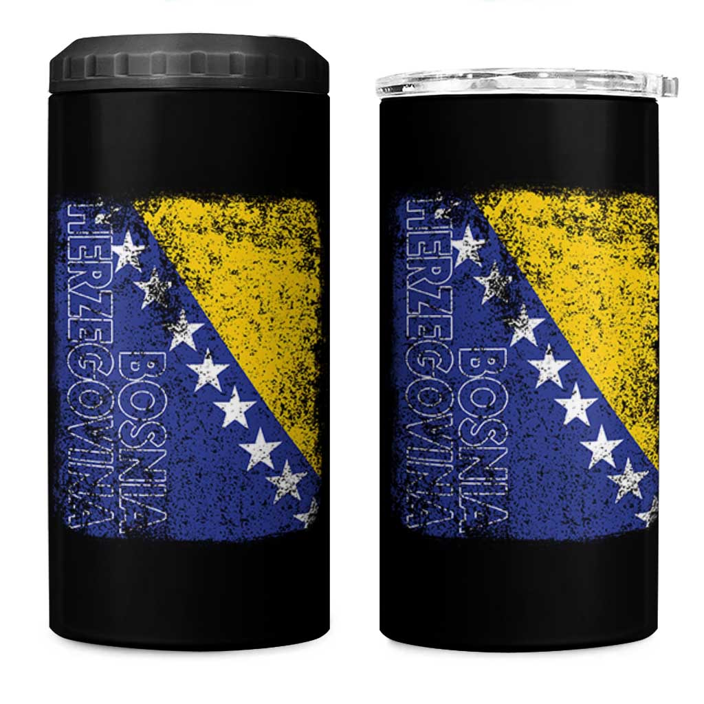 Vintage Grunge Bosnia Herzegovina National Flag 4 in 1 Can Cooler Tumbler Bosnian Pride Soccer Heritage Sports Fan