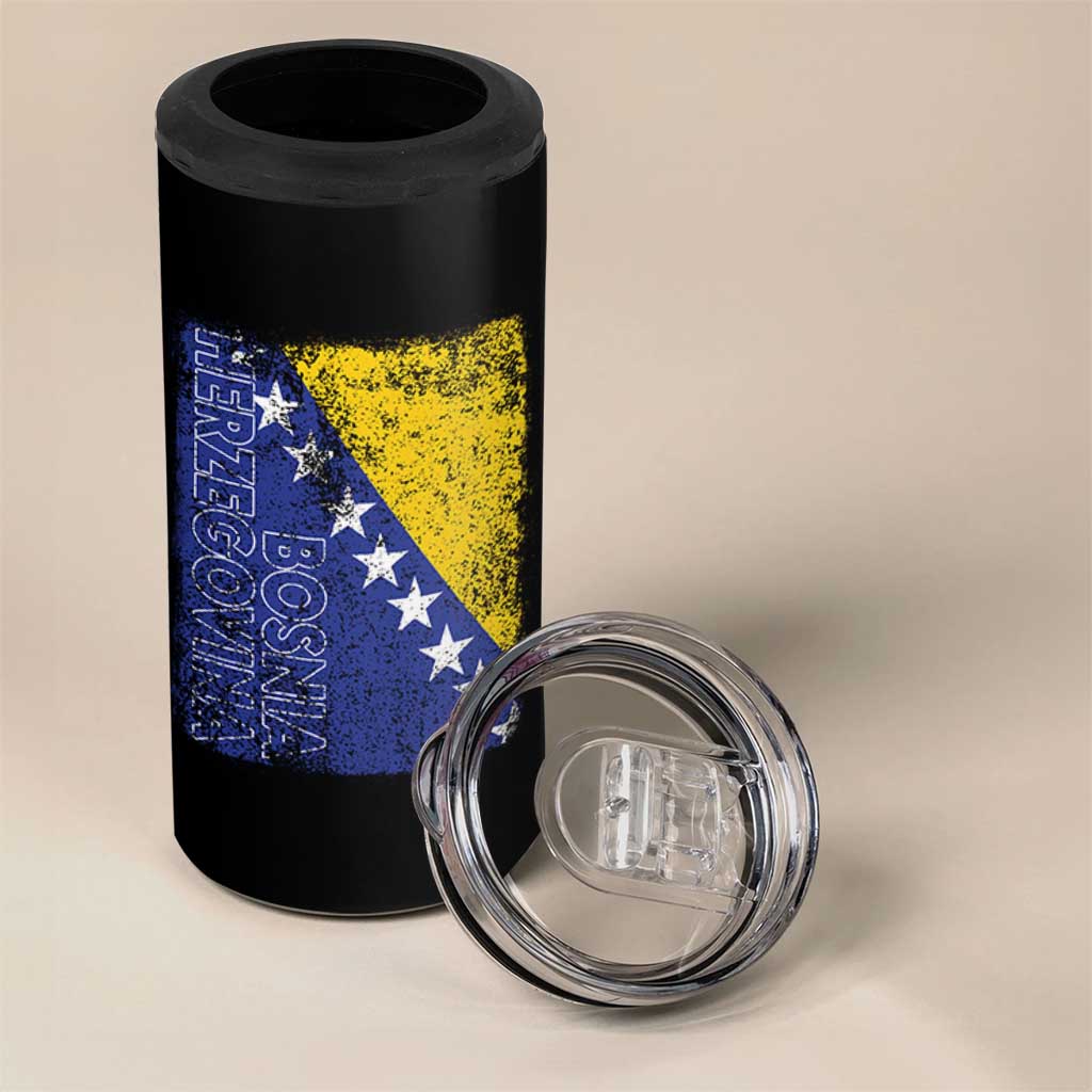 Vintage Grunge Bosnia Herzegovina National Flag 4 in 1 Can Cooler Tumbler Bosnian Pride Soccer Heritage Sports Fan