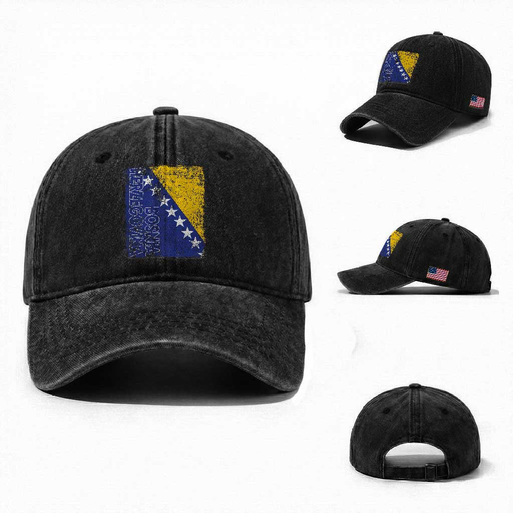 Vintage Grunge Bosnia Herzegovina National Flag Washed Cotton Baseball Cap Bosnian Pride Soccer Heritage Sports Fan