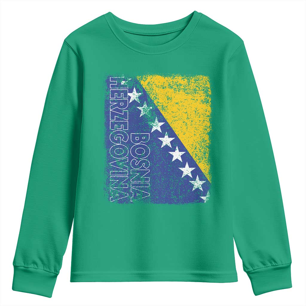 Vintage Grunge Bosnia Herzegovina National Flag Youth Sweatshirt Bosnian Pride Soccer Heritage Sports Fan