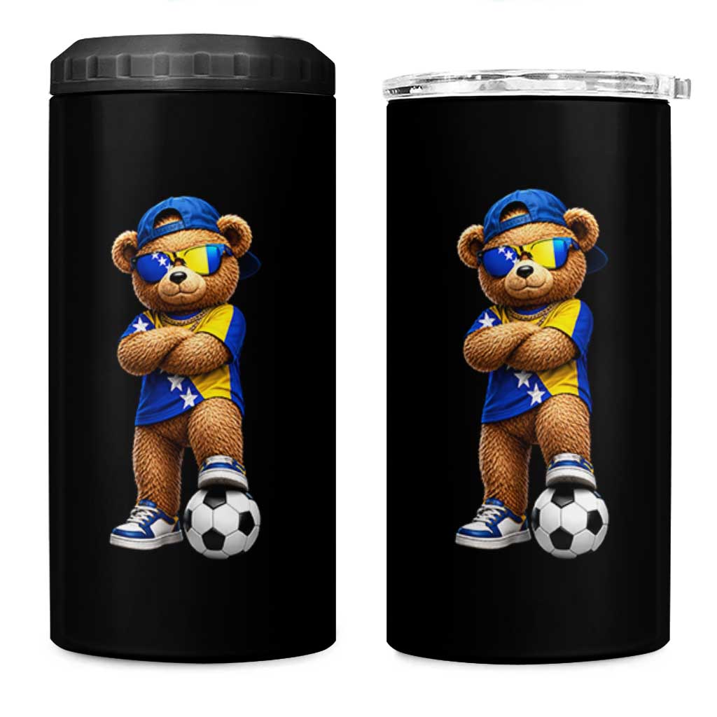 Cool Bosnia Herzegovina Flag Teddy Bear Soccer Fan 4 in 1 Can Cooler Tumbler BIH Bosnian Heritage Football Lovers