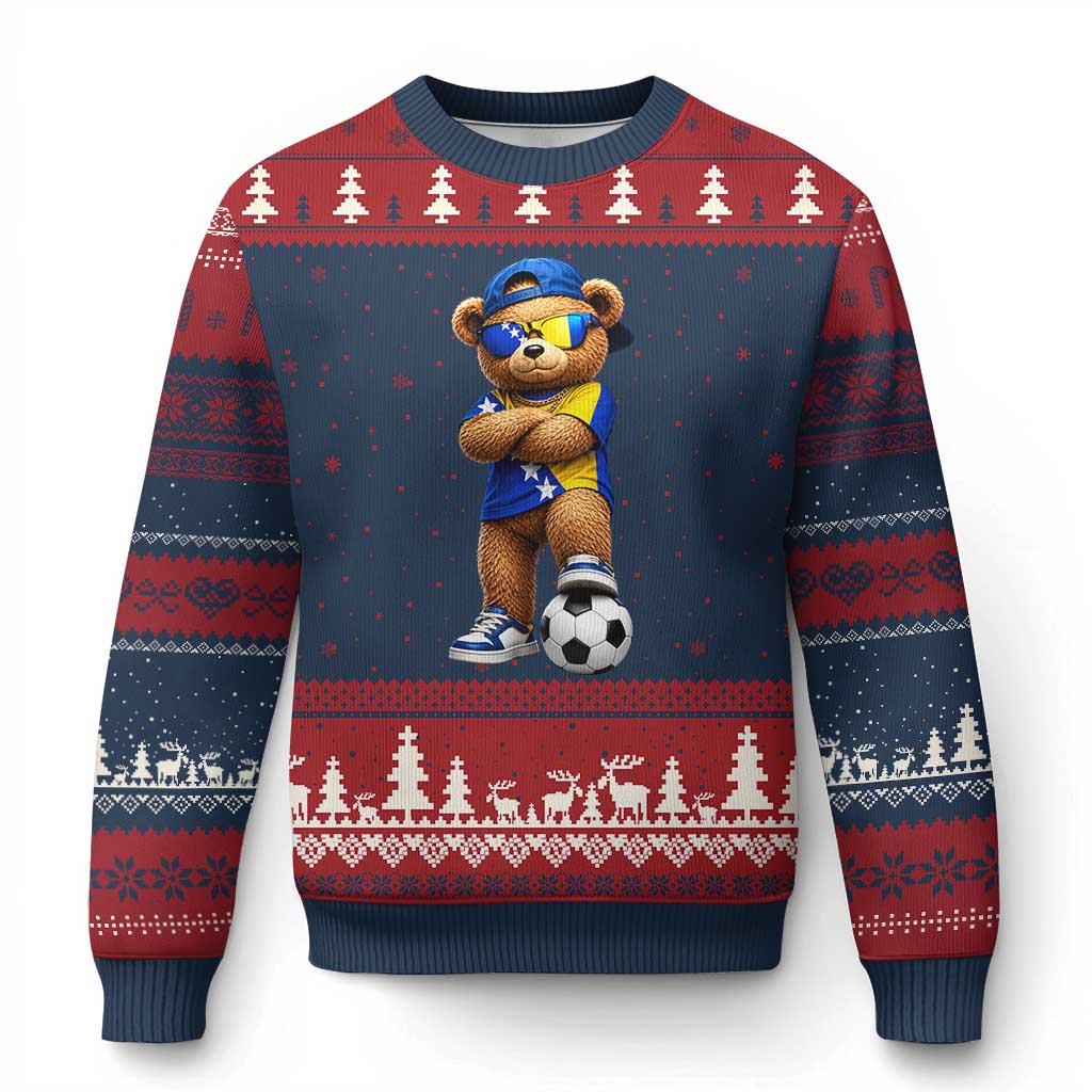 Cool Bosnia Herzegovina Flag Teddy Bear Soccer Fan Ugly Christmas Sweater BIH Bosnian Heritage Football Lovers