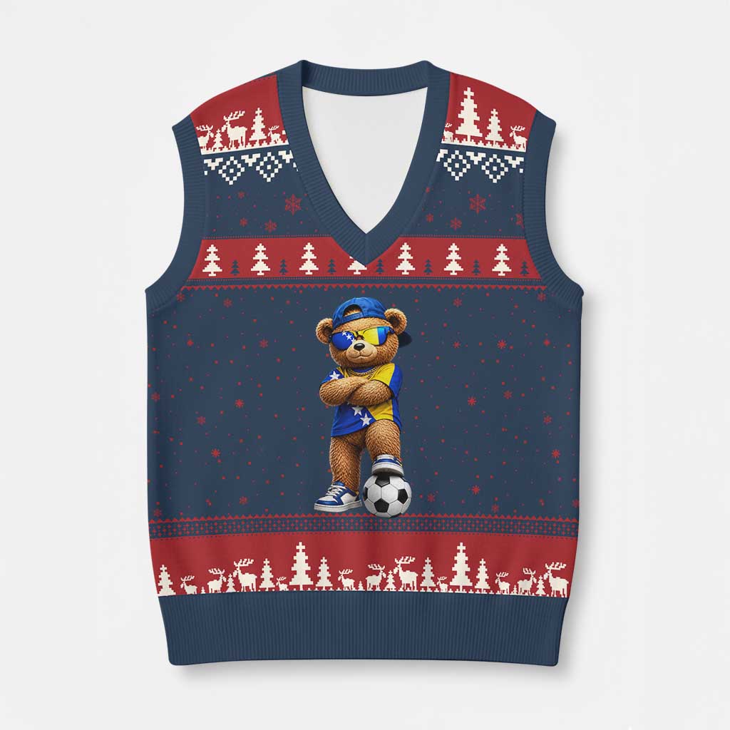 Cool Bosnia Herzegovina Flag Teddy Bear Soccer Fan V-Neck Knit Sweater Vest BIH Bosnian Heritage Football Lovers