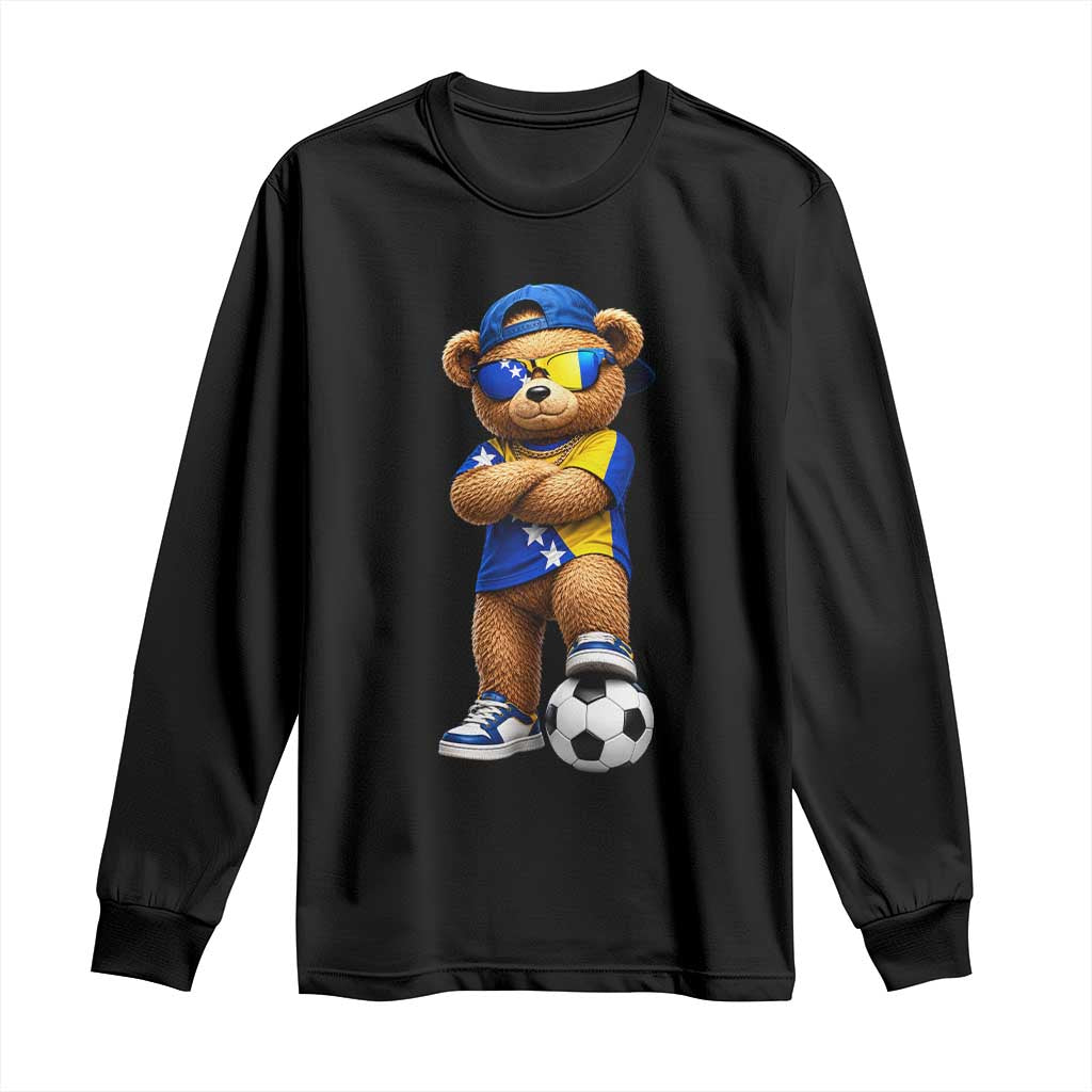 Cool Bosnia Herzegovina Flag Teddy Bear Soccer Fan Long Sleeve Shirt BIH Bosnian Heritage Football Lovers