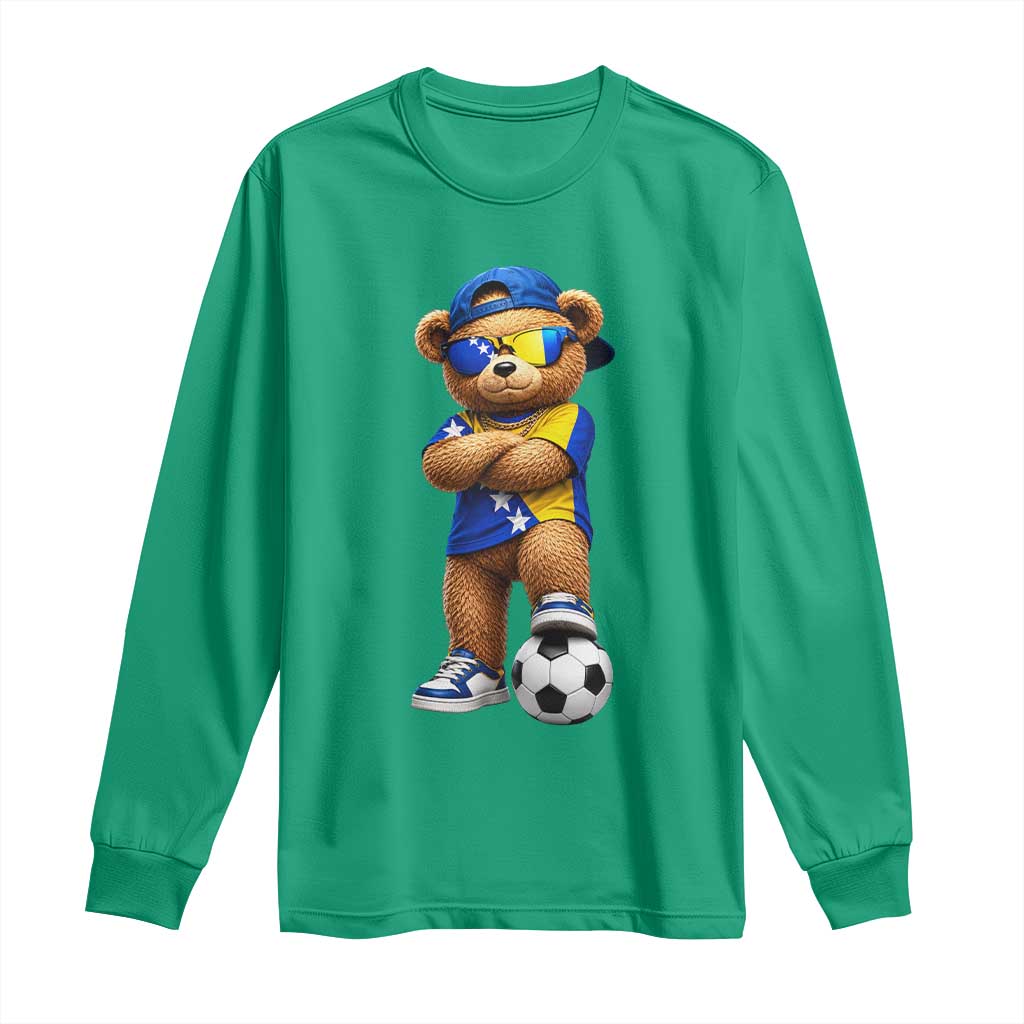 Cool Bosnia Herzegovina Flag Teddy Bear Soccer Fan Long Sleeve Shirt BIH Bosnian Heritage Football Lovers