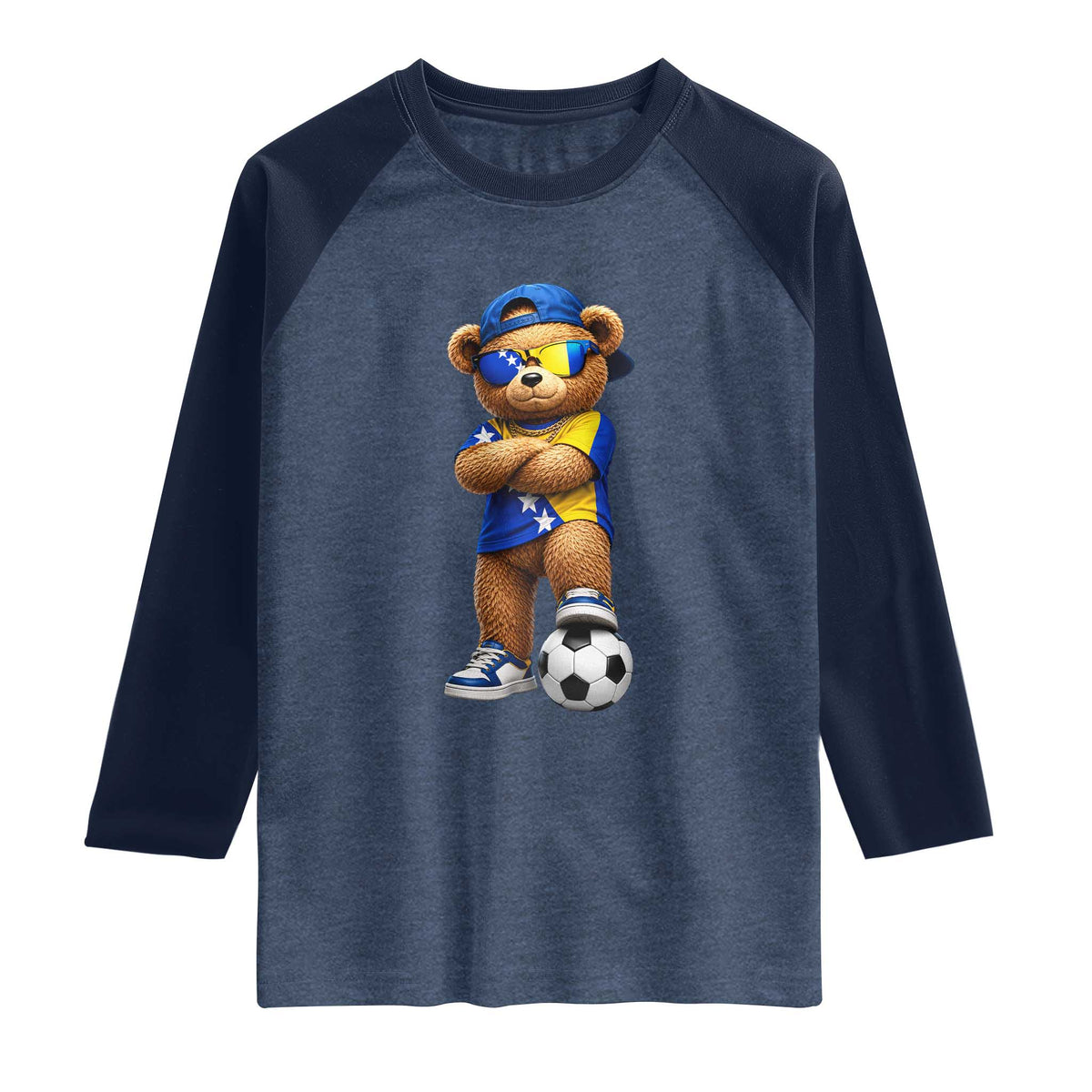 Cool Bosnia Herzegovina Flag Teddy Bear Soccer Fan Raglan Shirt BIH Bosnian Heritage Football Lovers