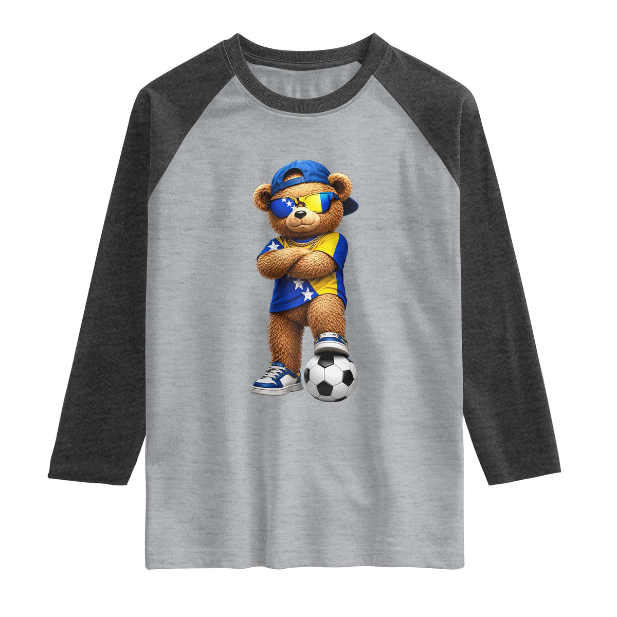 Cool Bosnia Herzegovina Flag Teddy Bear Soccer Fan Raglan Shirt BIH Bosnian Heritage Football Lovers