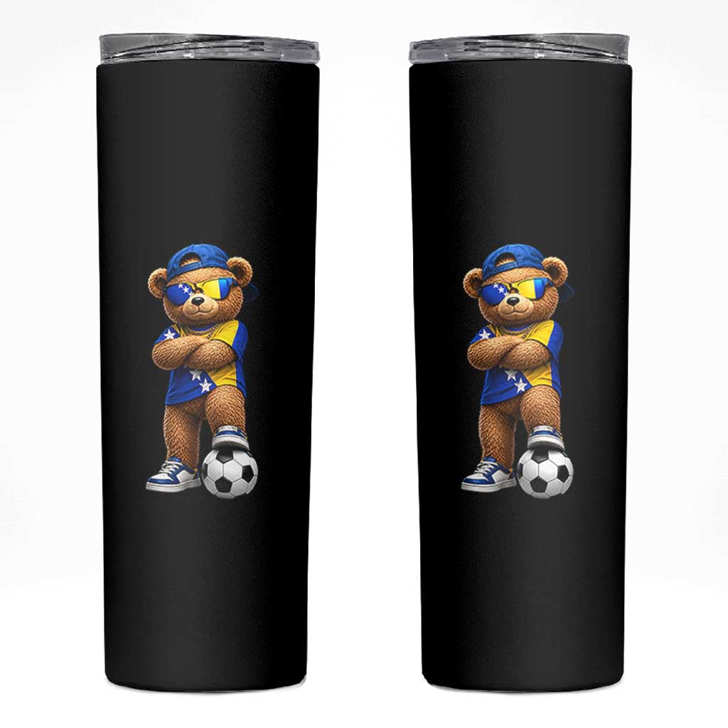 Cool Bosnia Herzegovina Flag Teddy Bear Soccer Fan Skinny Tumbler BIH Bosnian Heritage Football Lovers