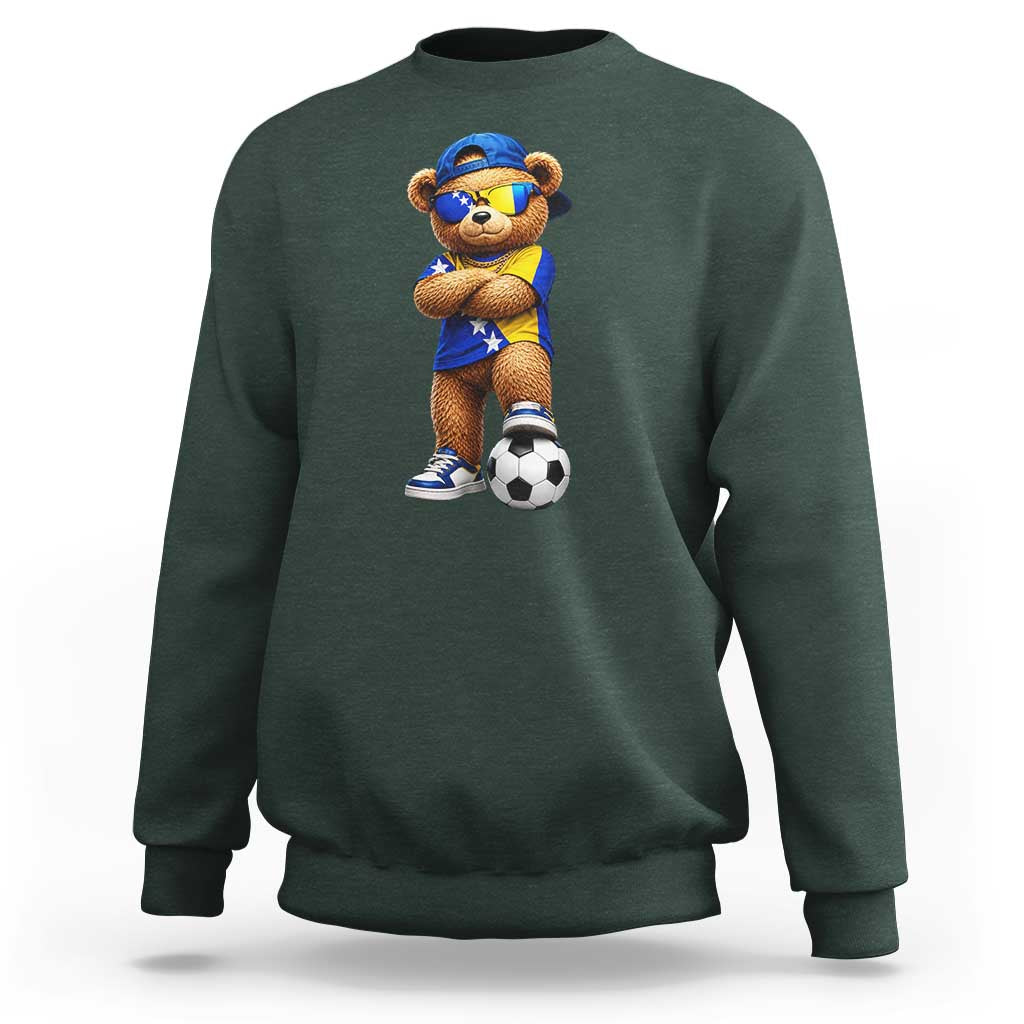 Cool Bosnia Herzegovina Flag Teddy Bear Soccer Fan Sweatshirt BIH Bosnian Heritage Football Lovers