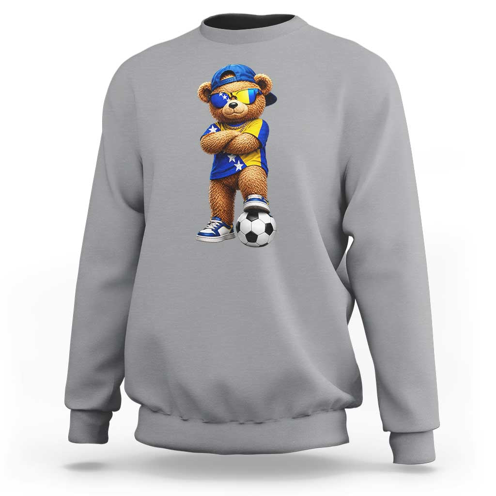 Cool Bosnia Herzegovina Flag Teddy Bear Soccer Fan Sweatshirt BIH Bosnian Heritage Football Lovers