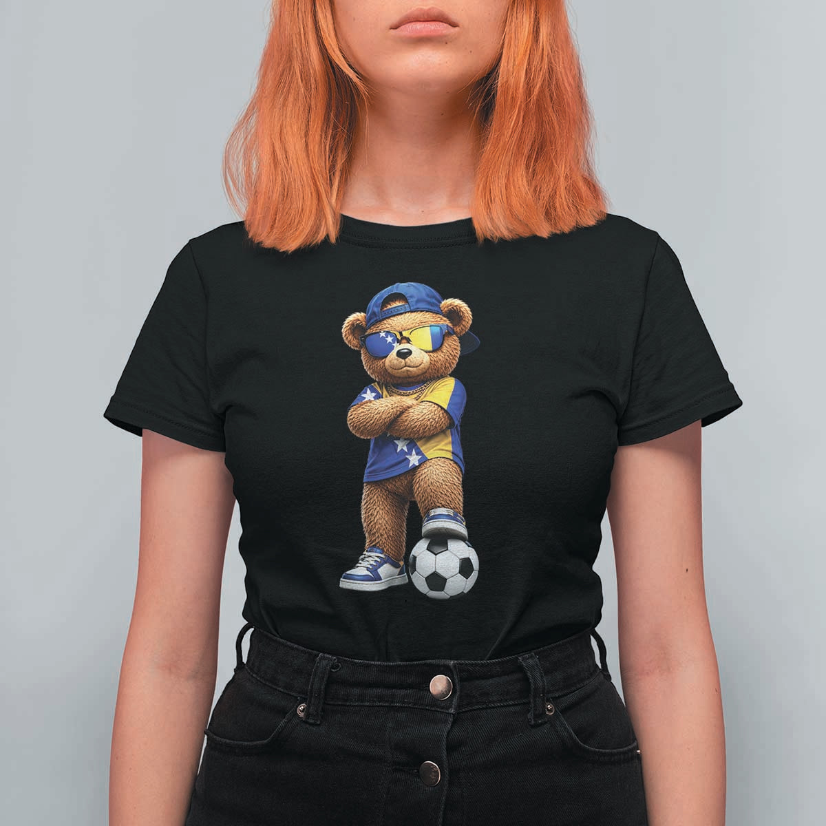 Cool Bosnia Herzegovina Flag Teddy Bear Soccer Fan T Shirt For Women BIH Bosnian Heritage Football Lovers