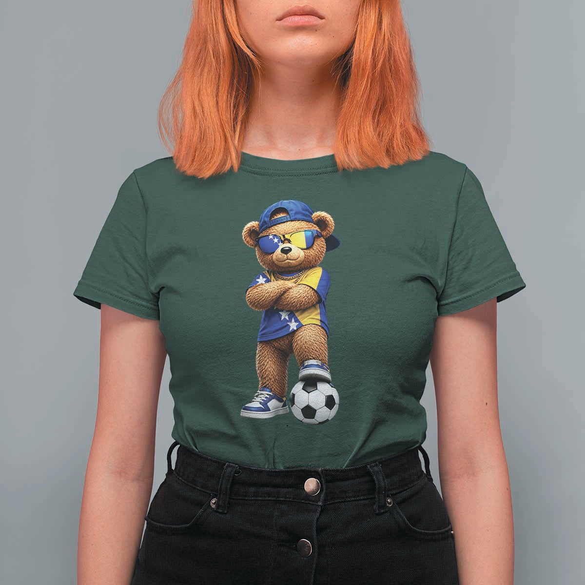 Cool Bosnia Herzegovina Flag Teddy Bear Soccer Fan T Shirt For Women BIH Bosnian Heritage Football Lovers